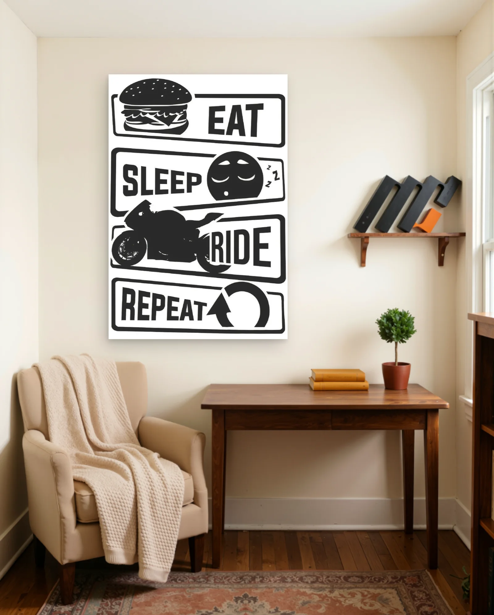 Eat Sleep Ride Repeat Wall Art — framed wall art poster by Memocult