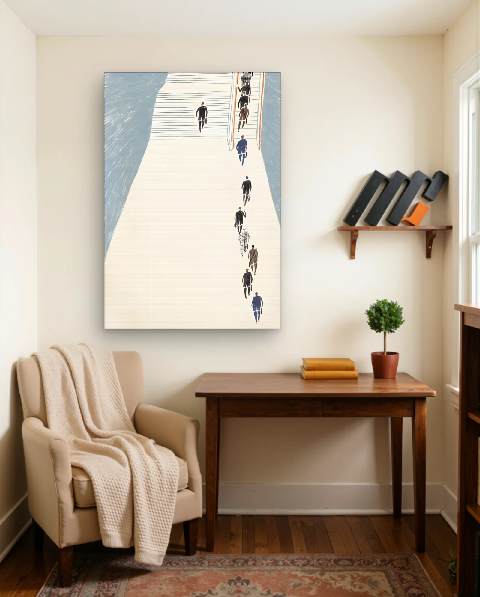 Businessmen Ascending Stairs Wall Art — framed wall art poster by Memocult