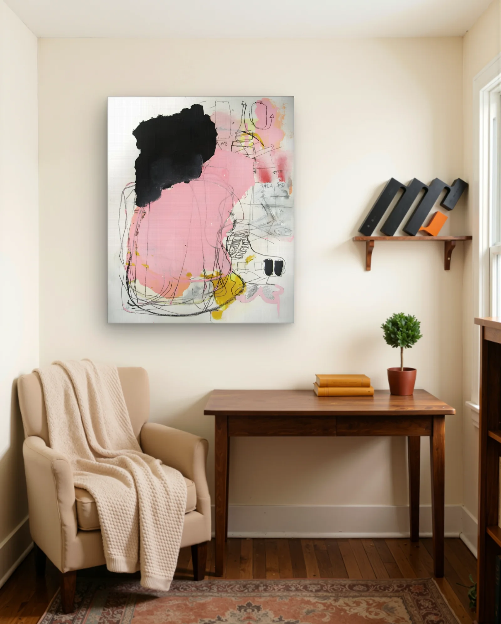 Pink Black Yellow Abstract Scribble Wall Art — framed wall art poster by Memocult