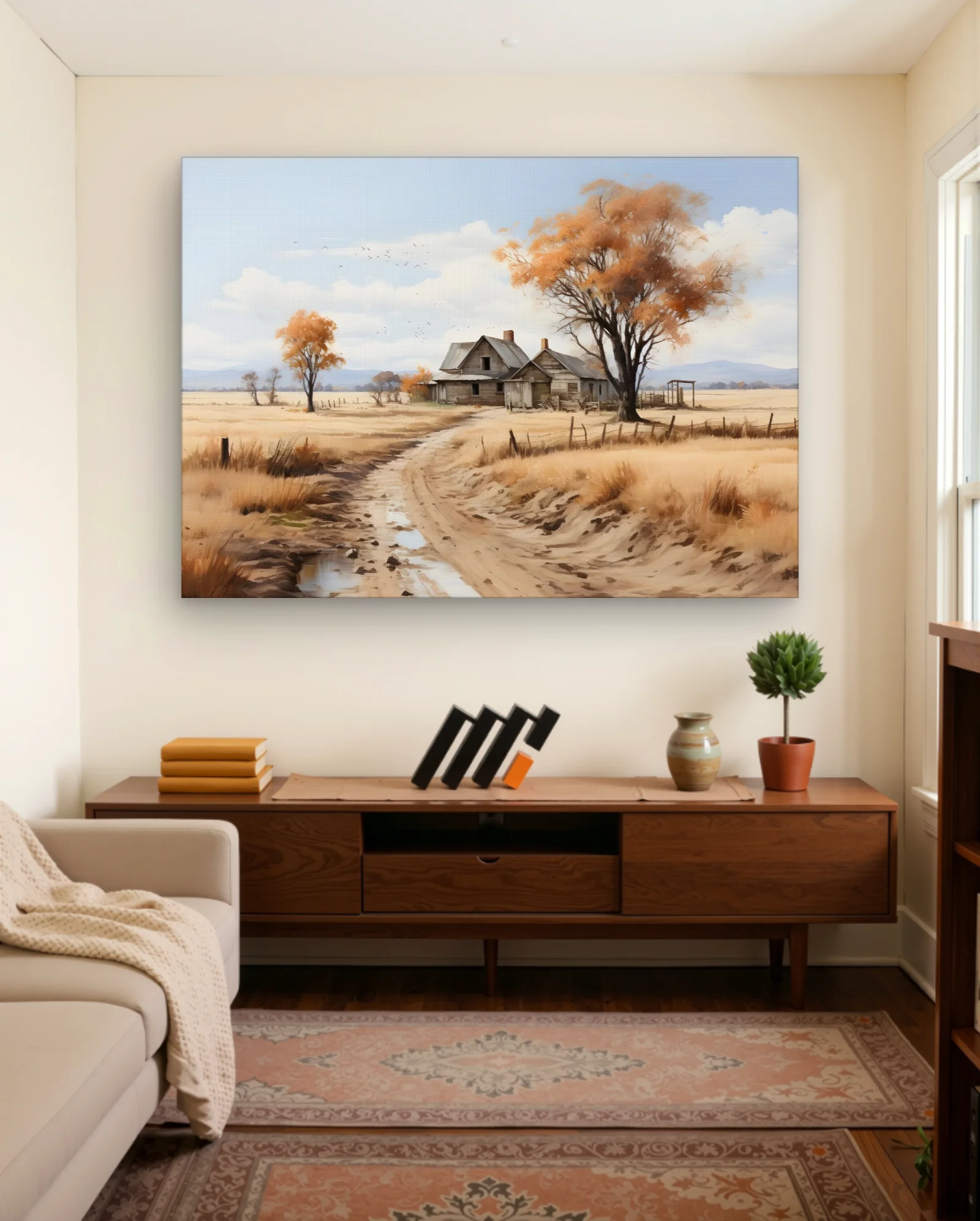 Autumn Farmhouse Dirt Road Wall Art — framed wall art poster by Memocult