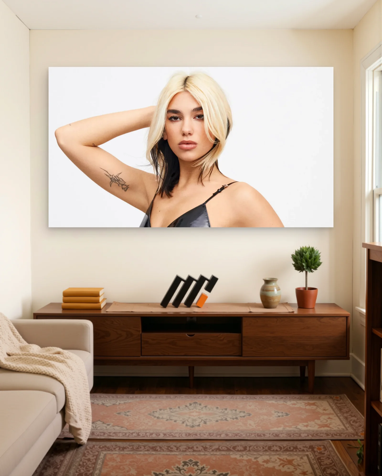Dua Lipa Black Dress Tattoo Poster — framed wall art poster by Memocult