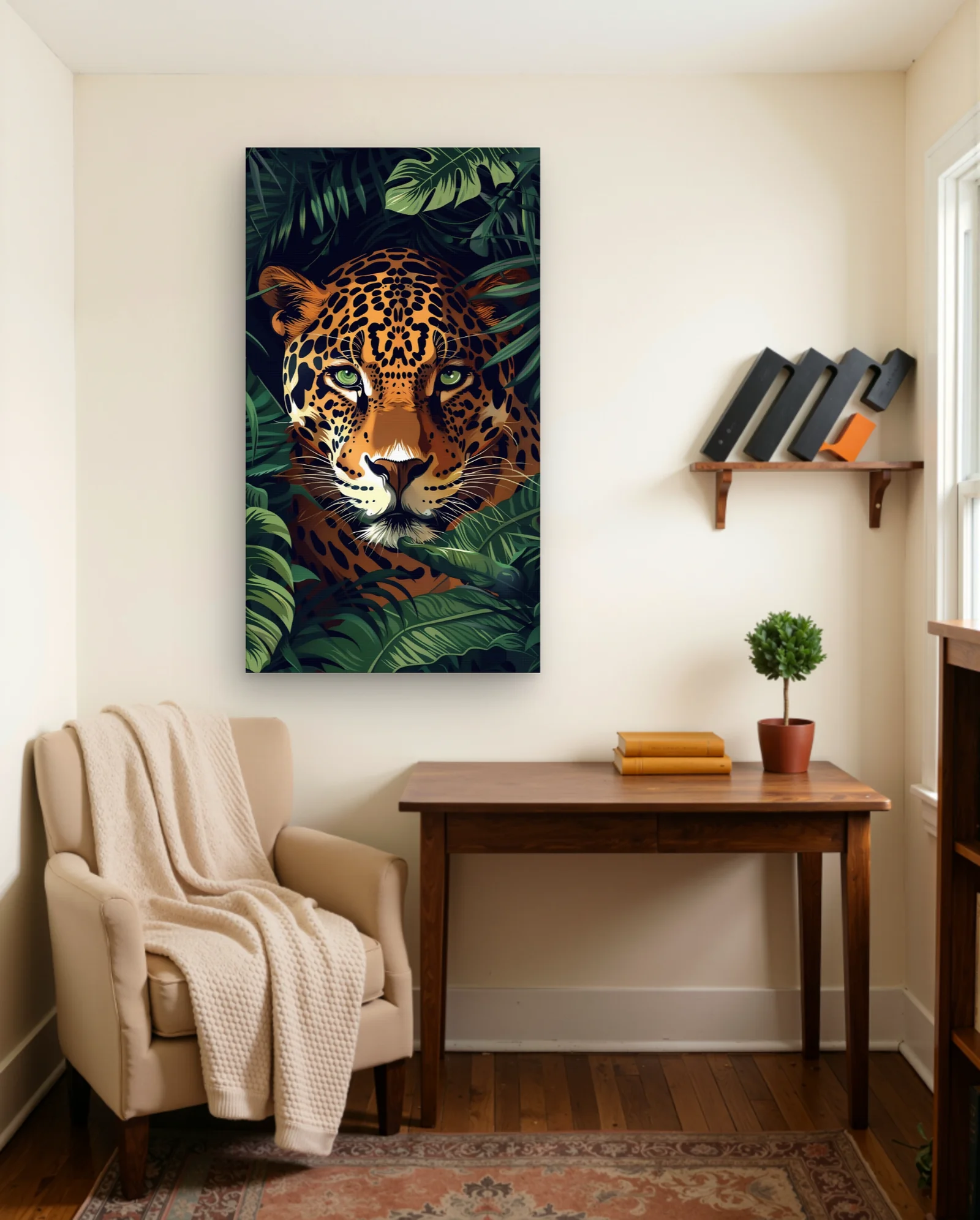 Leopard Face Green Eyes Tropical Leaves Wall Art — Modern Digital Art abstract & modern wall art poster