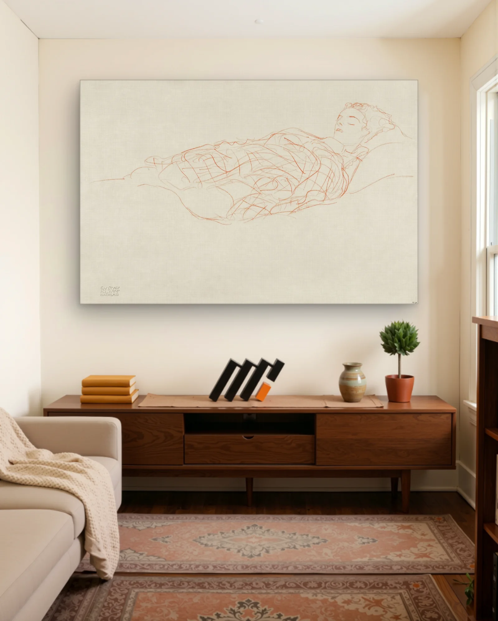 Gustav Klimt Woman Wrapped In Plaid Sketch Art Print — framed wall art poster by Memocult