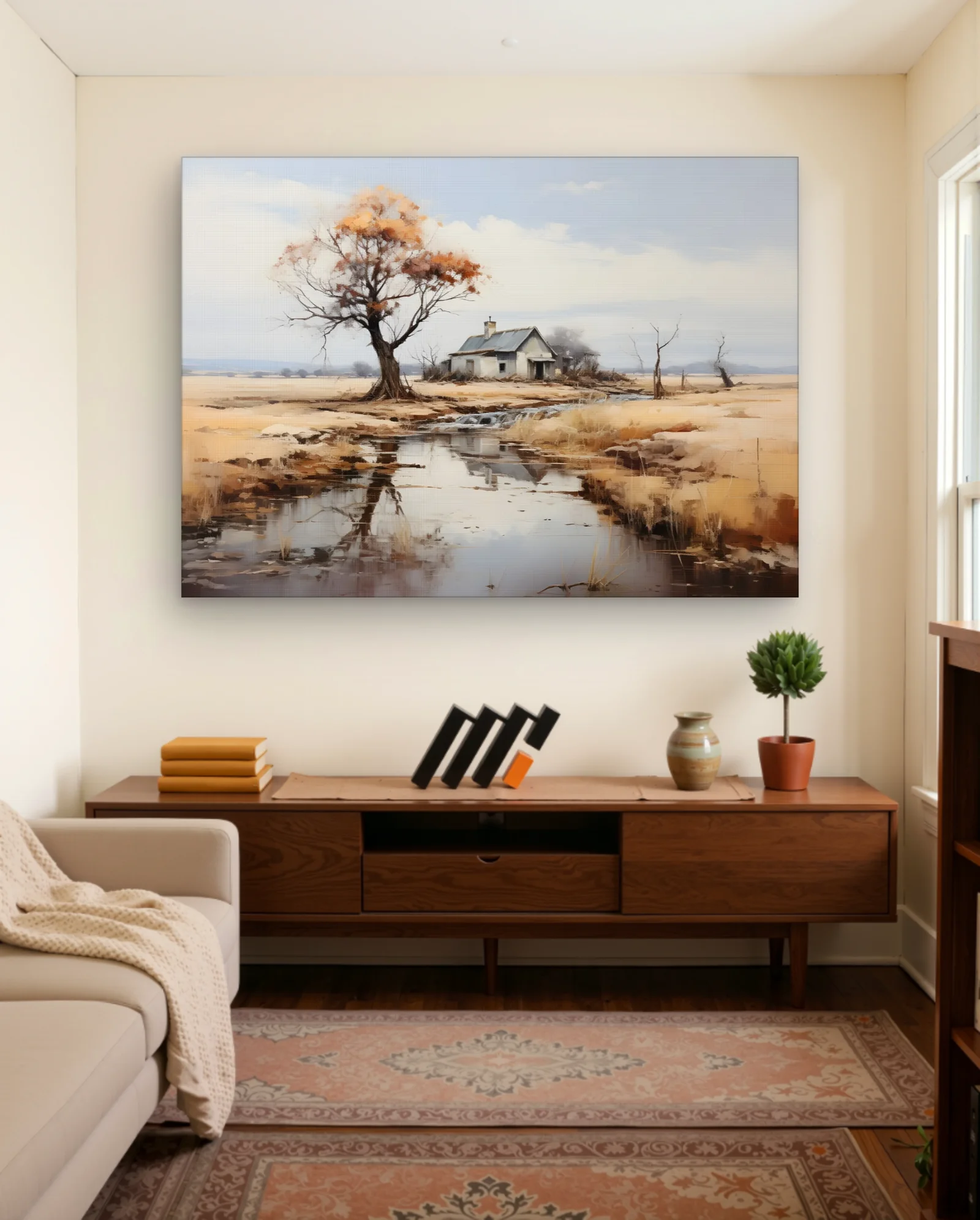 Autumn Riverhouse Lone Orange Leaf Tree Wall Art — framed wall art poster by Memocult