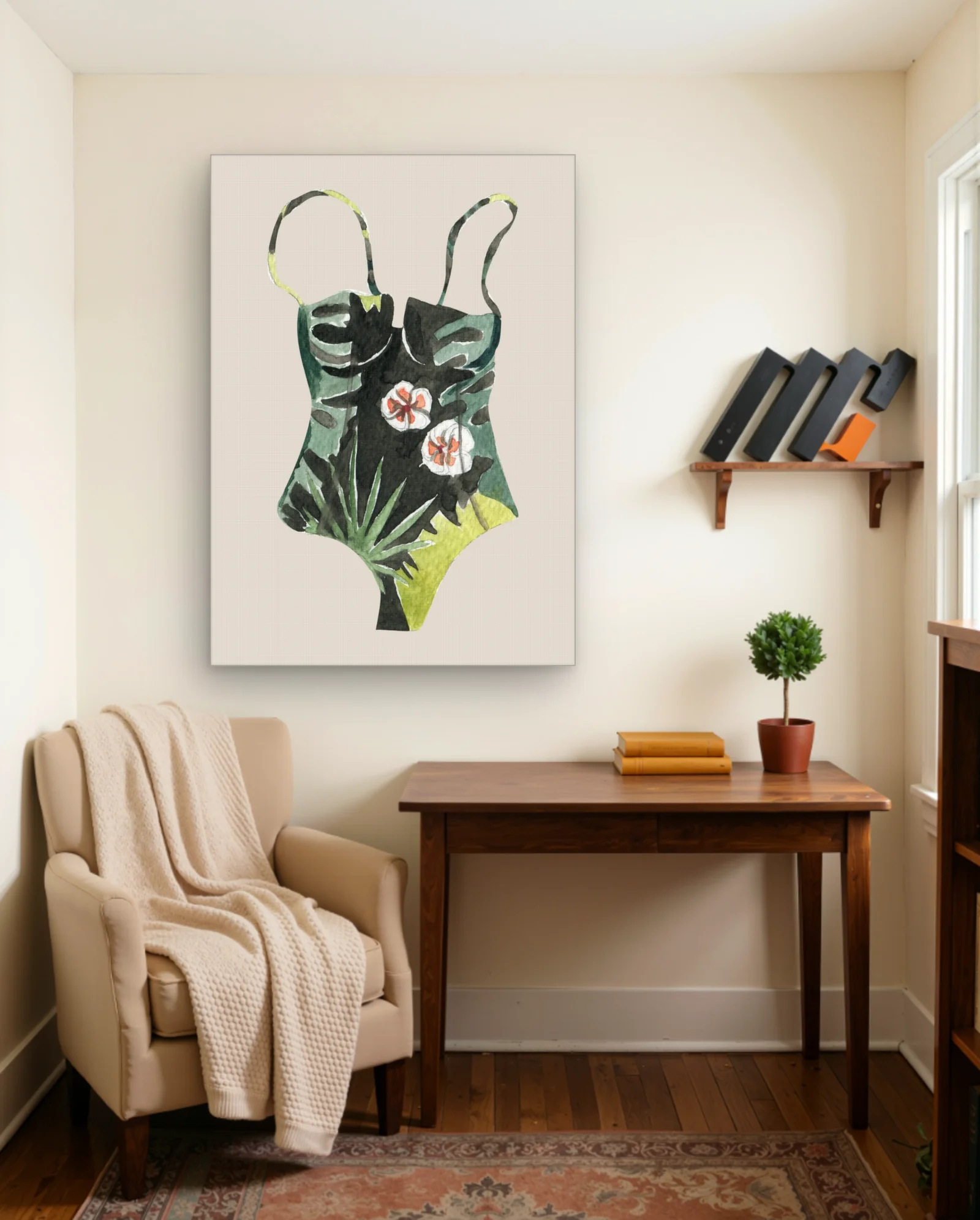 Tropical Hibiscus And Palm Leaves Wall Art — framed wall art poster by Memocult