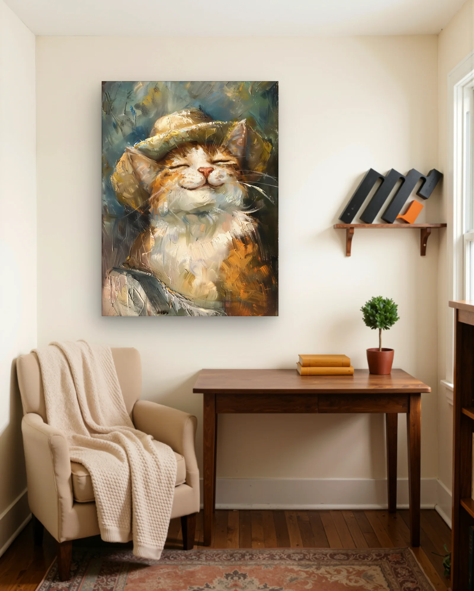 Content Tabby — Impasto Close-up with Straw Hat — Abstract abstract & modern wall art poster