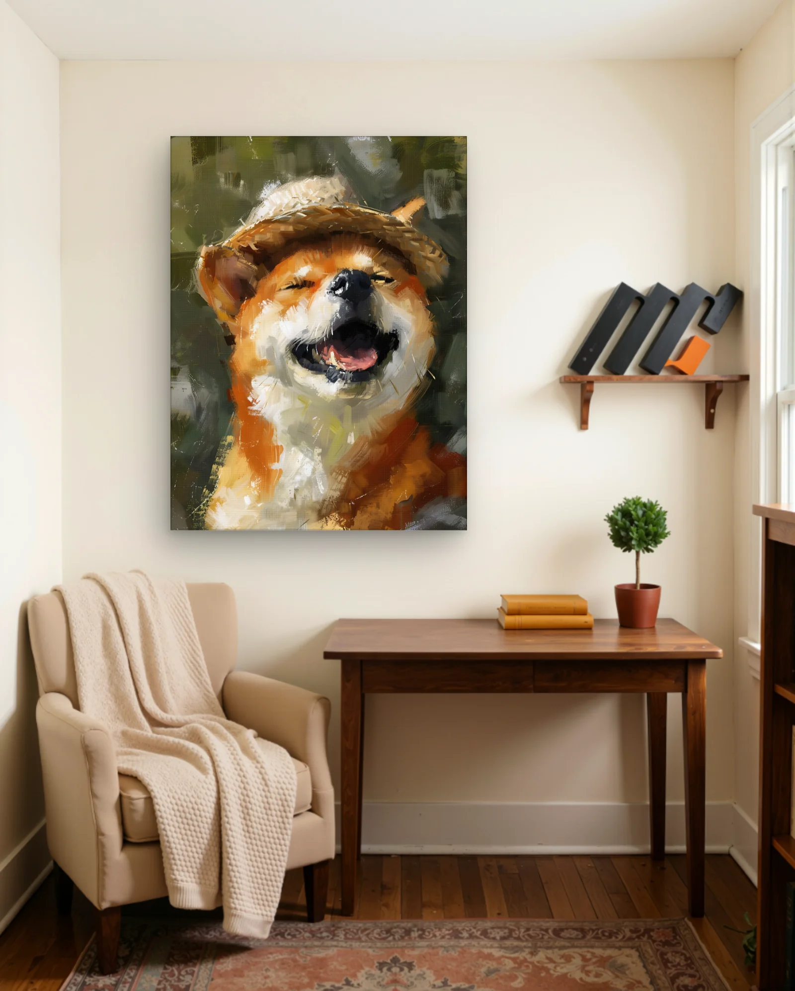 Shiba Inu Laughing With Straw Hat Wall Art — Modern Digital Art abstract & modern wall art poster