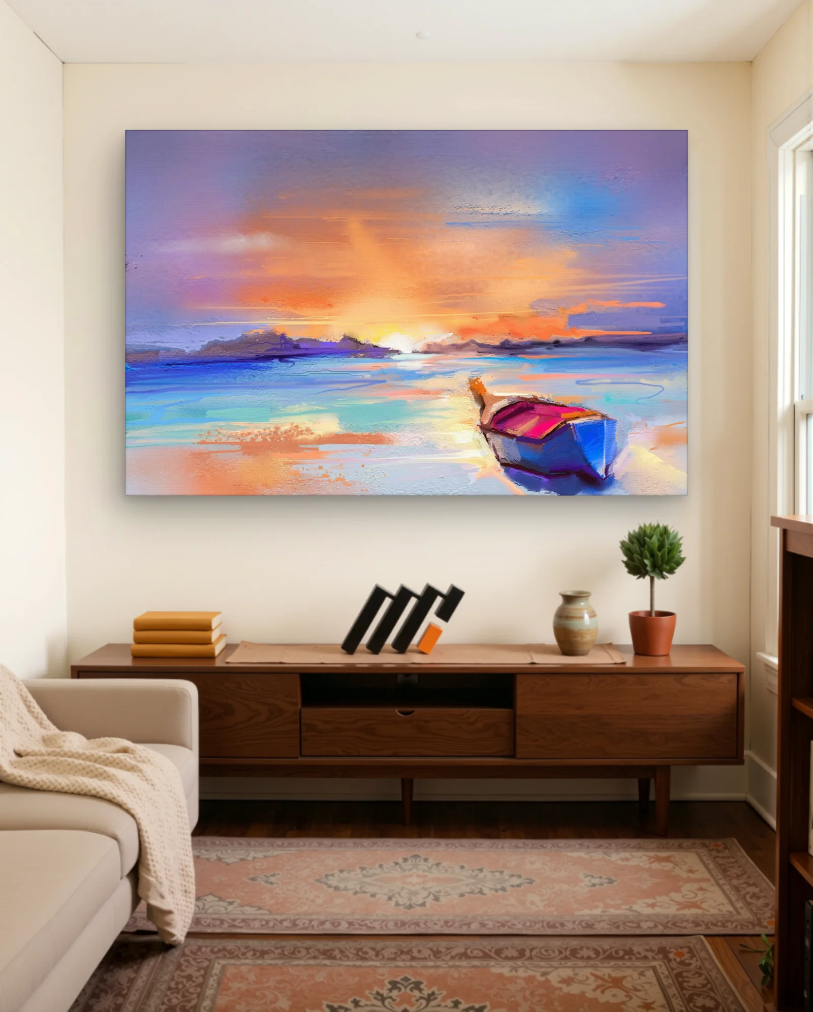 Rowboat At Pastel Sunrise Wall Art — framed wall art poster by Memocult