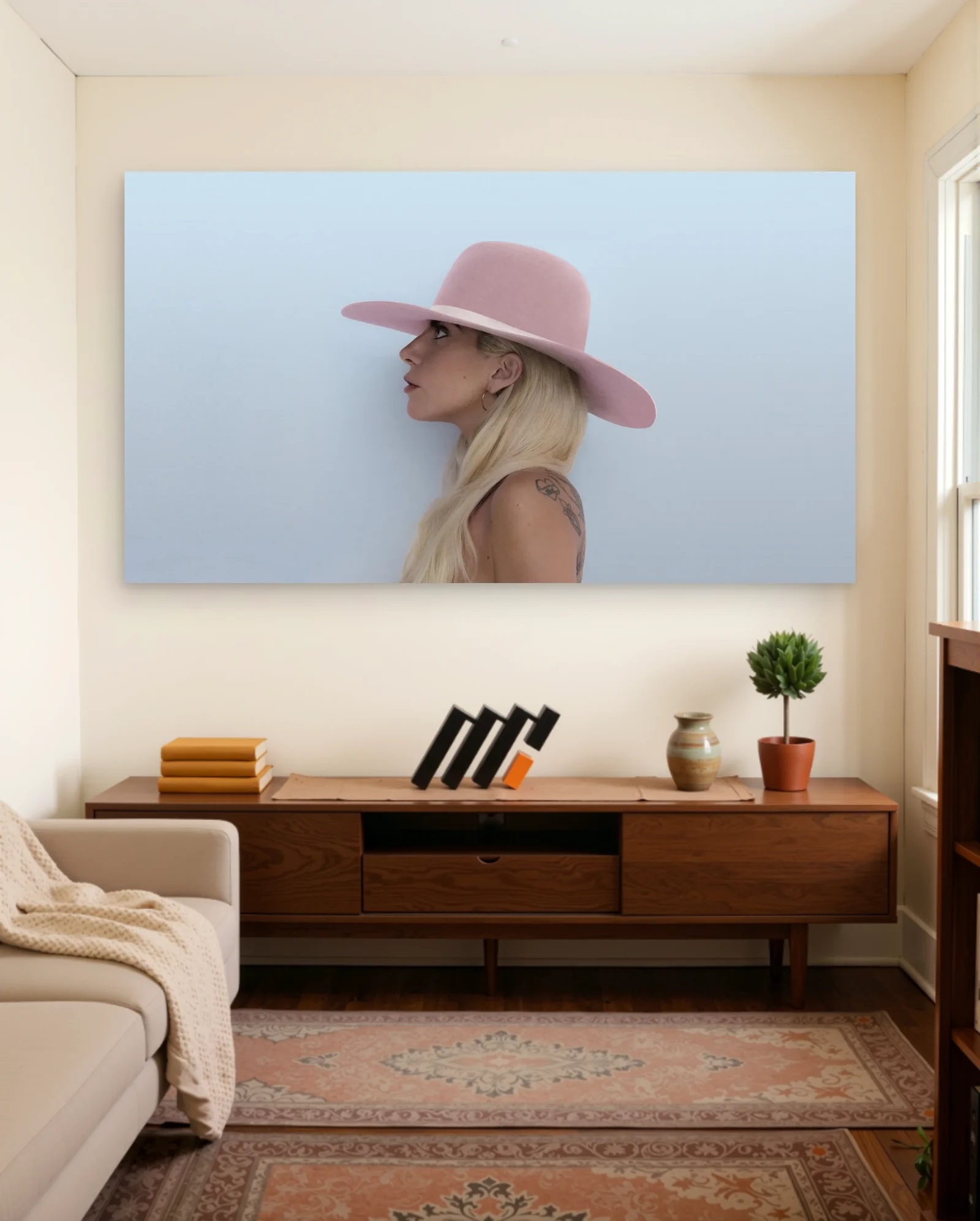Lady Gaga Pink Hat Poster — framed wall art poster by Memocult