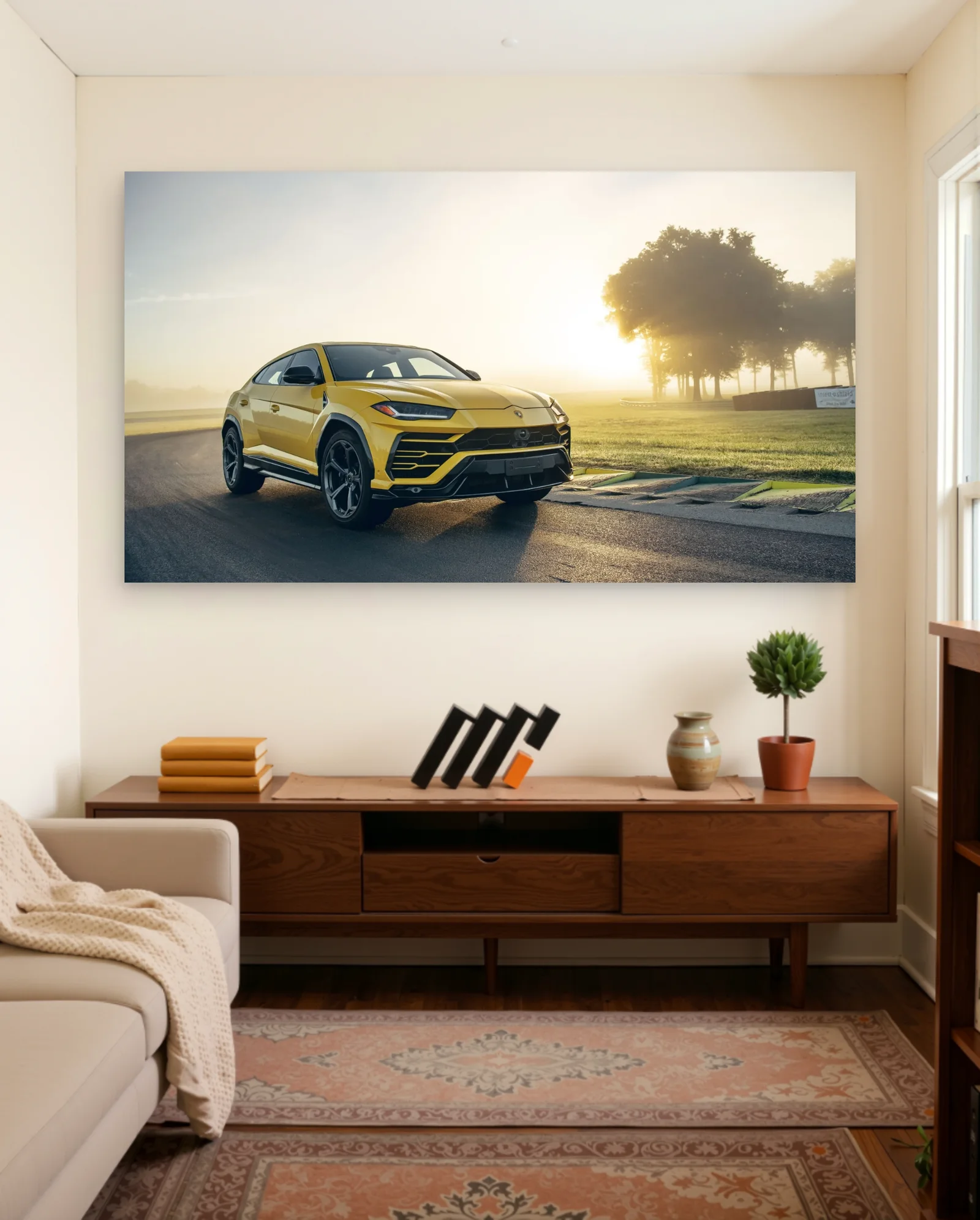 Yellow Lamborghini Urus Misty Sunrise Poster — framed wall art poster by Memocult