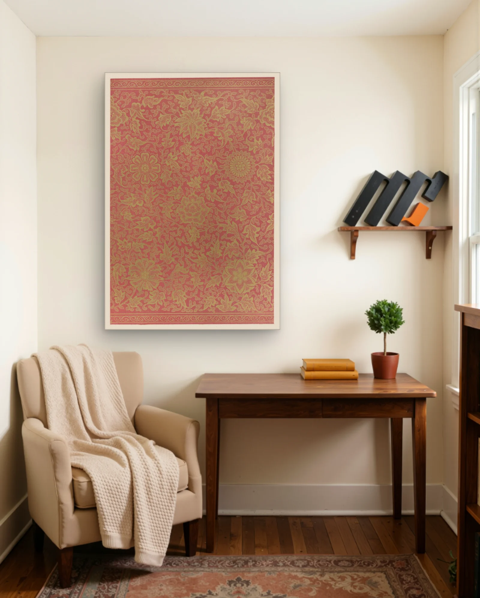 Vintage Gold Floral Damask On Coral Wall Art — Abstract abstract & modern wall art poster
