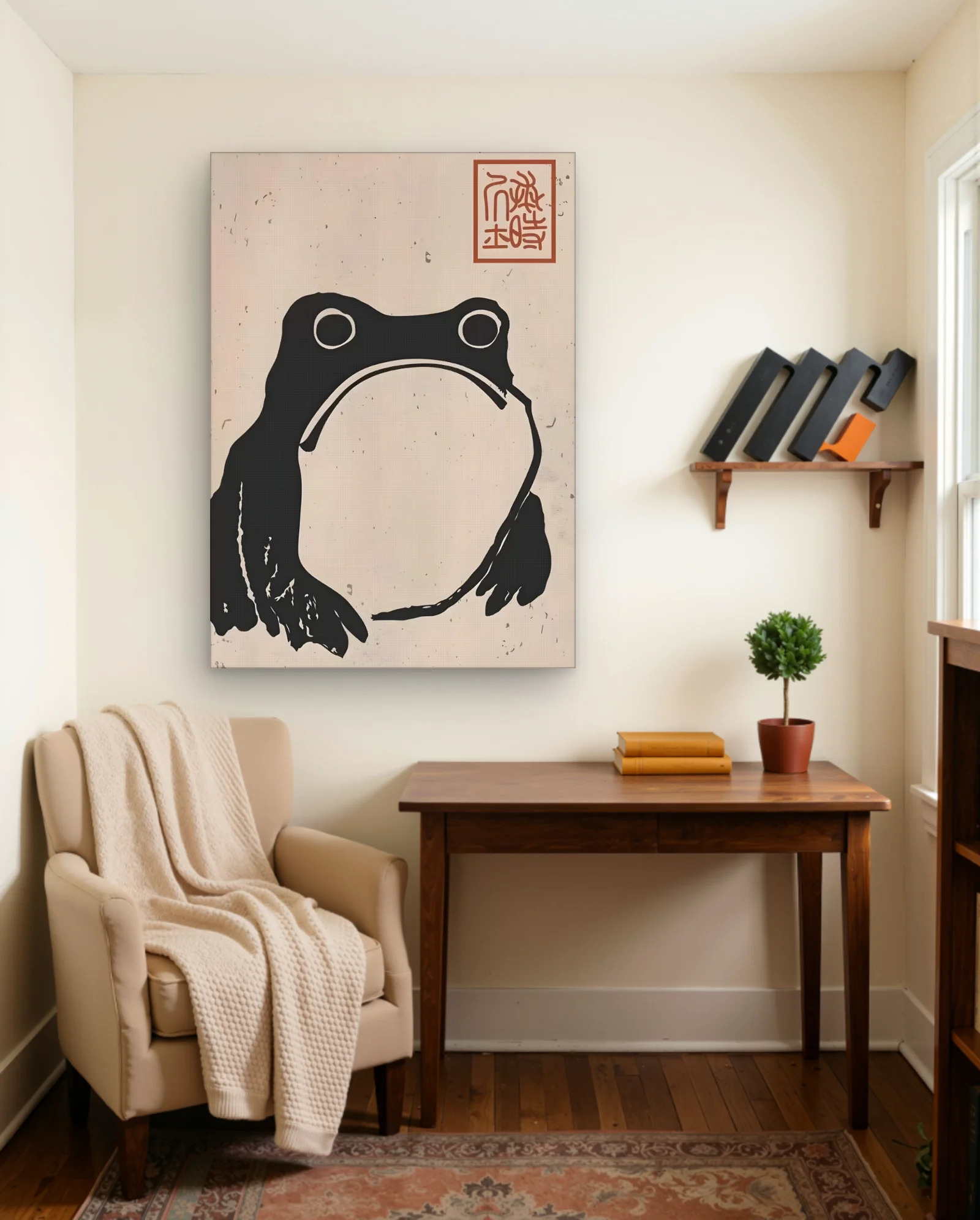 Black Frog With Red Seal Art Print — framed wall art poster by Memocult