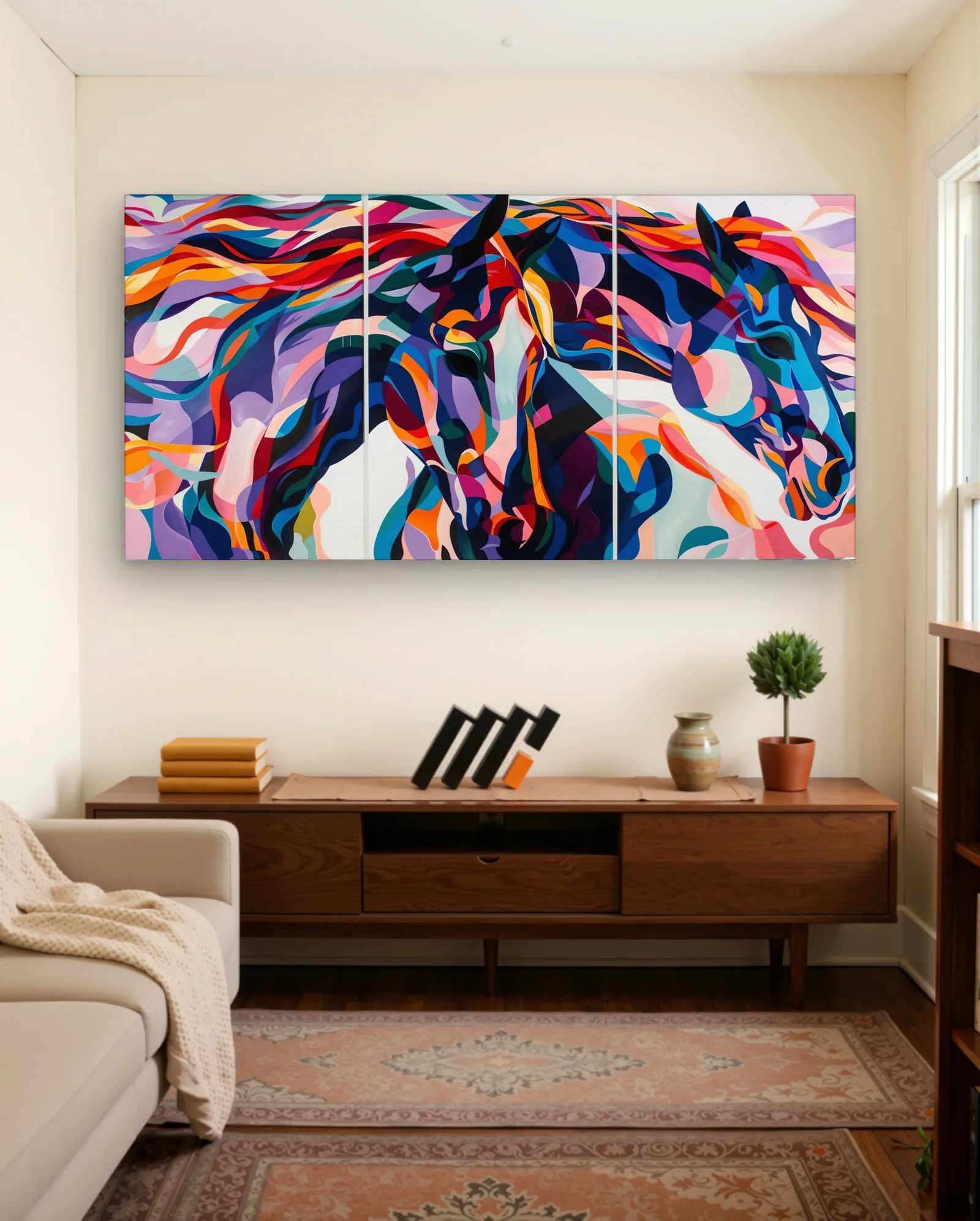 Triptych — Chromatic Gallop: Three Horses Close-Up — framed wall art poster by Memocult