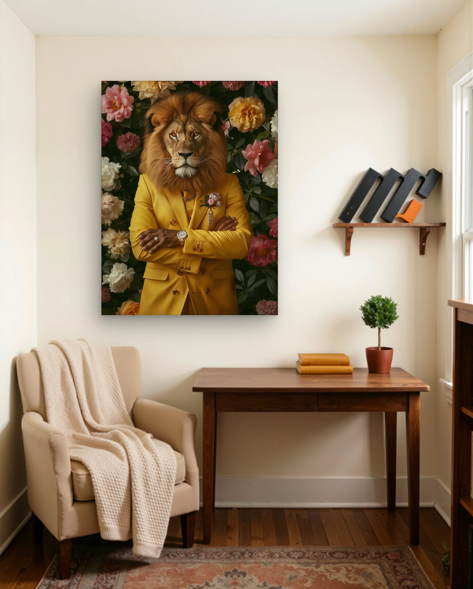 Lion In Yellow Suit With Flowers Wall Art — framed wall art poster by Memocult