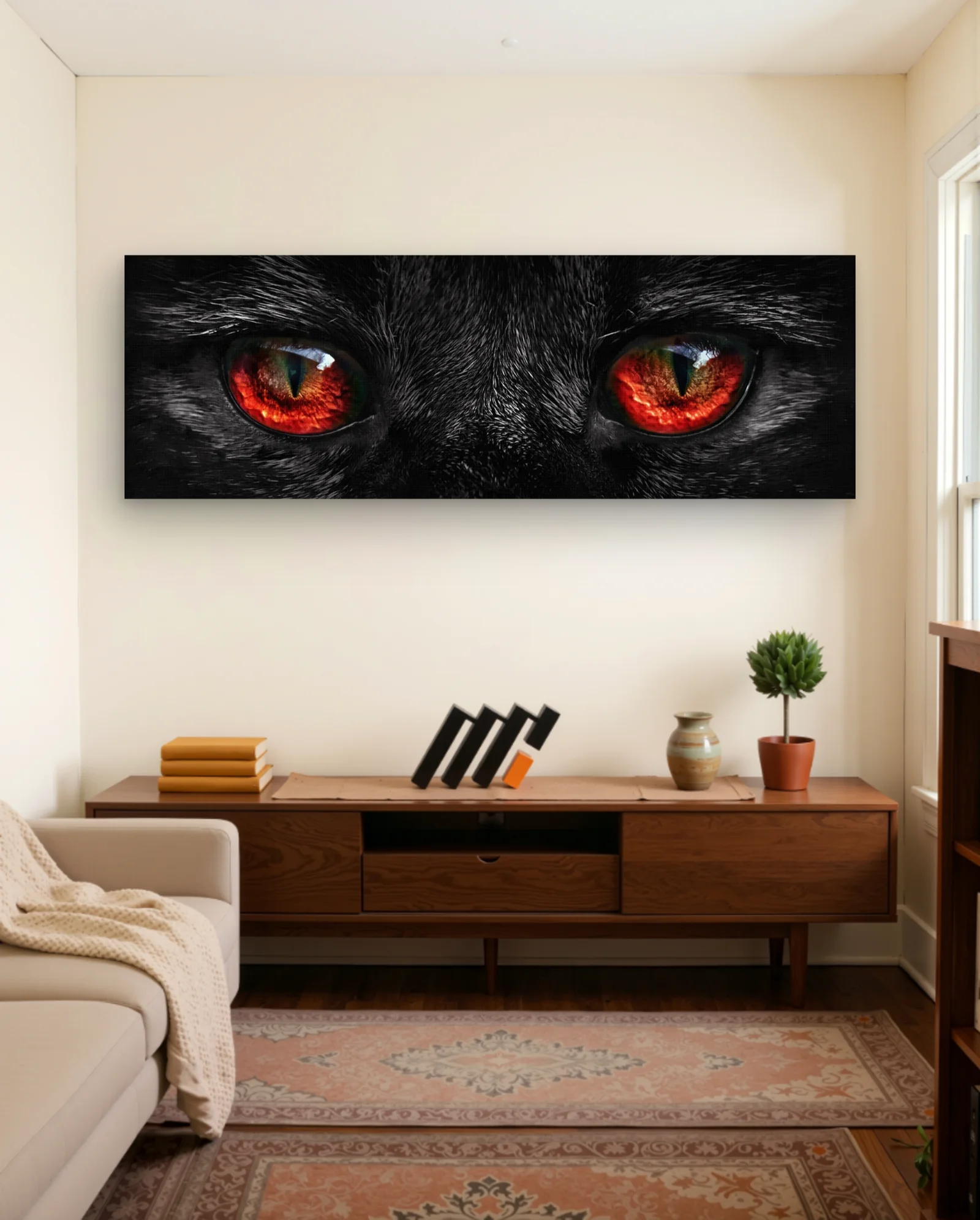 Black Cat Fiery Amber Eyes Wall Art — framed wall art poster by Memocult