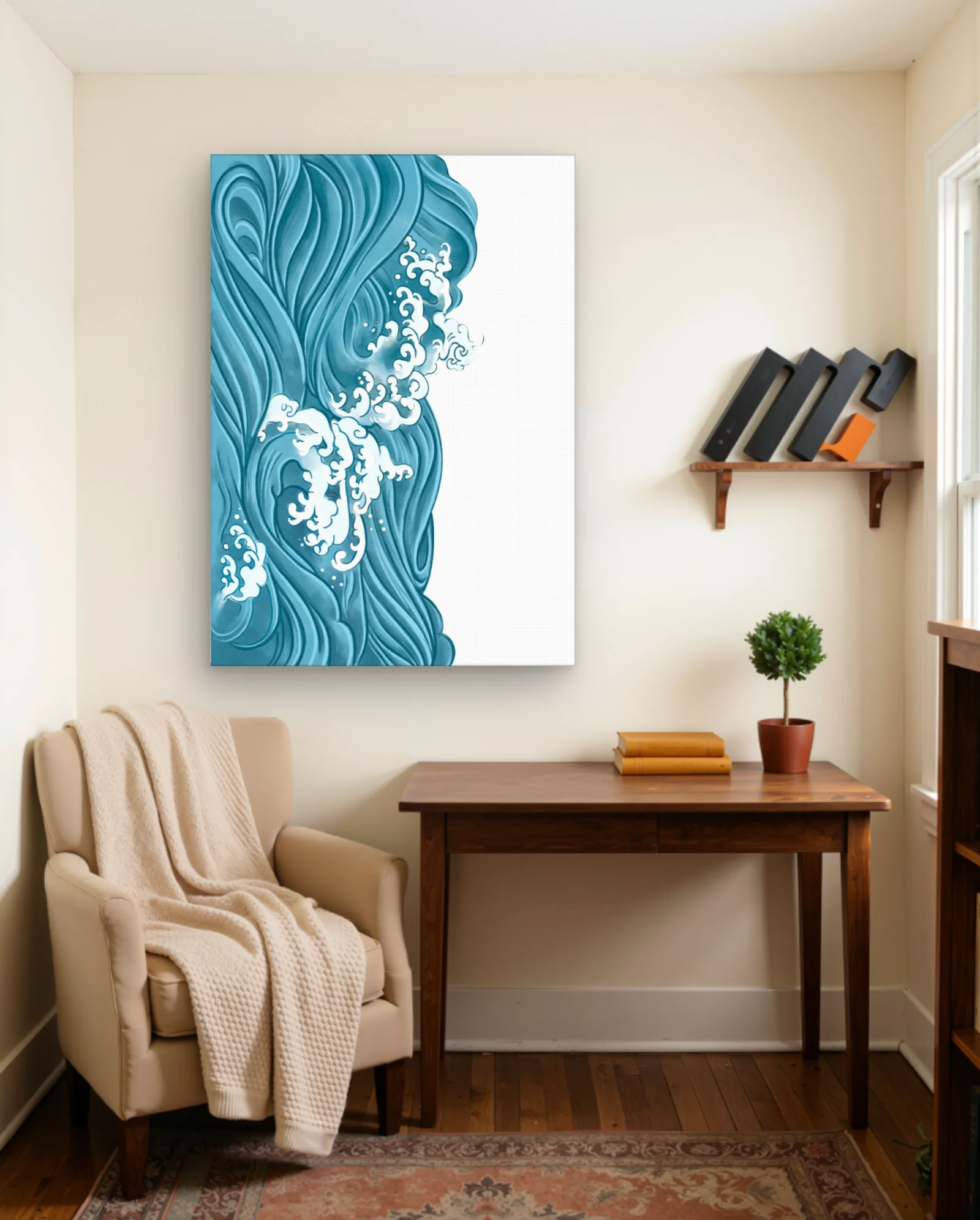 Teal Flowing Waves Wall Art — framed wall art poster by Memocult