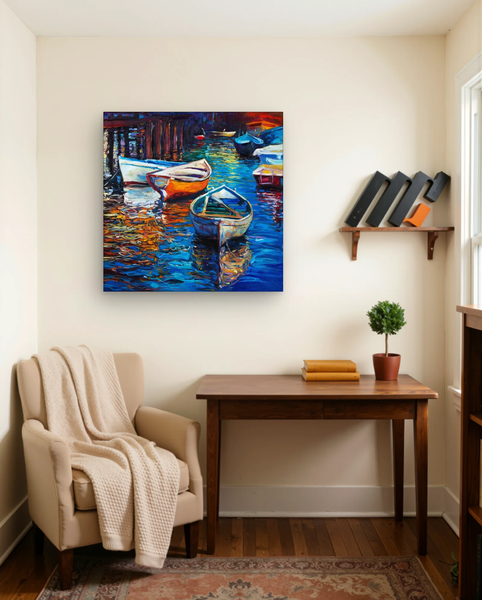 Rowboats Harbor Reflections Wall Art — framed wall art poster by Memocult