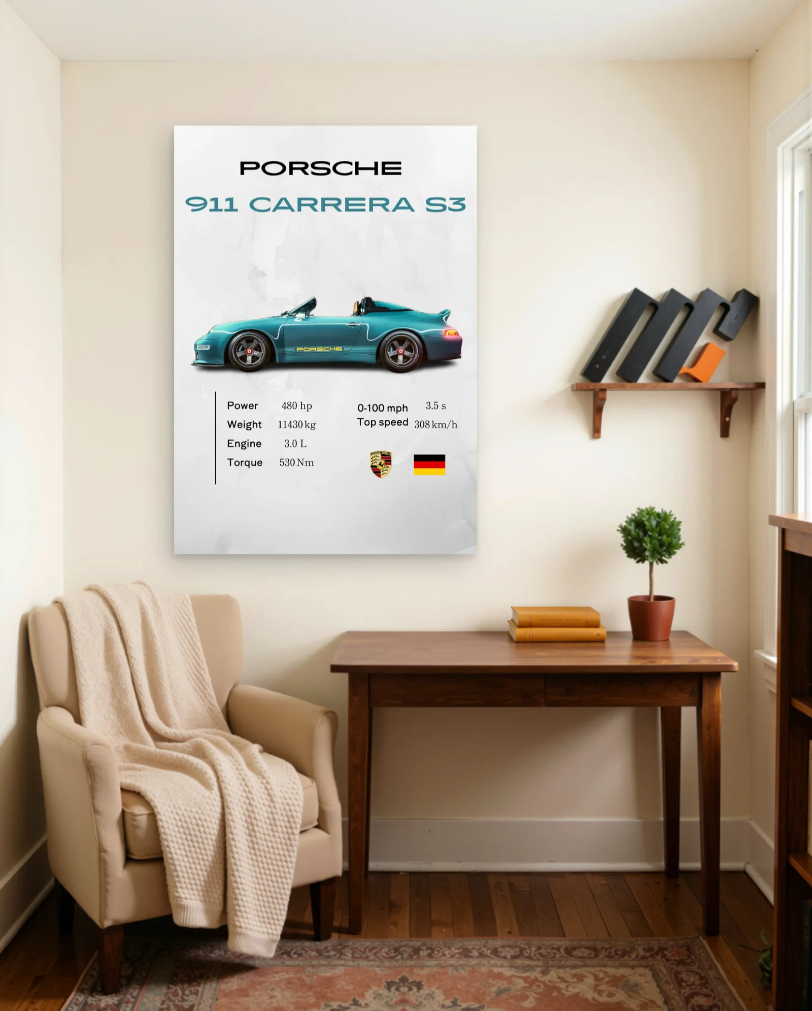 Porsche 911 Carrera S3 Teal Convertible Poster — framed wall art poster by Memocult
