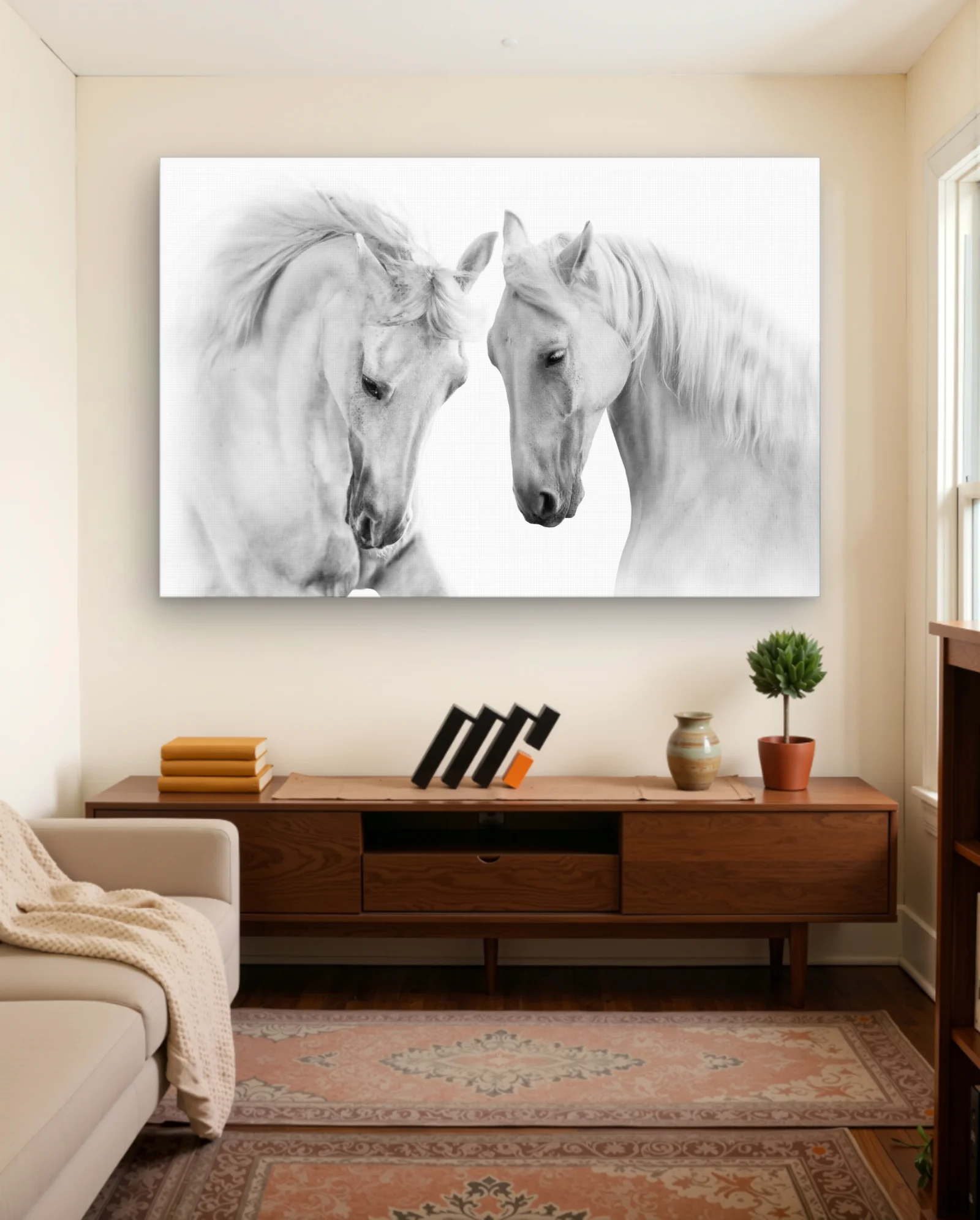 Two White Horses Wall Art — framed wall art poster by Memocult