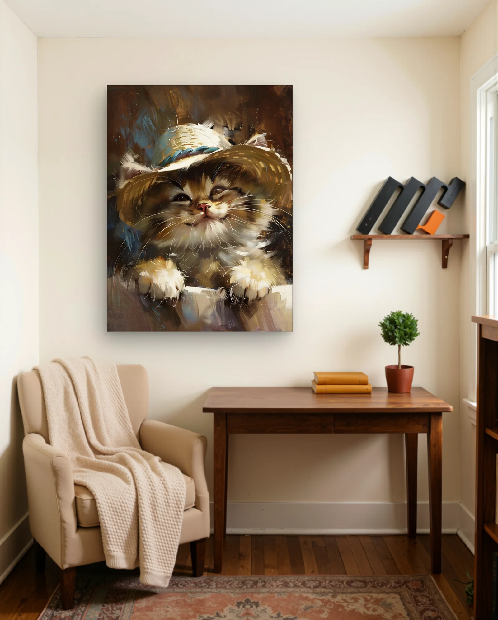 Tabby Kitten With Straw Hat Wall Art — Modern Digital Art abstract & modern wall art poster
