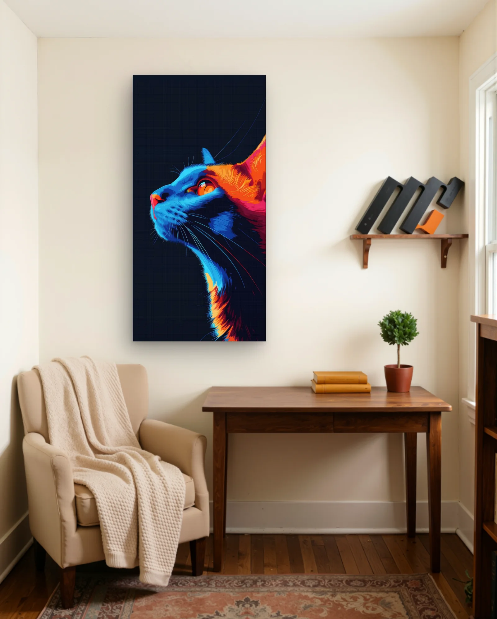 Neon Blue Orange Cat Profile Wall Art — framed wall art poster by Memocult