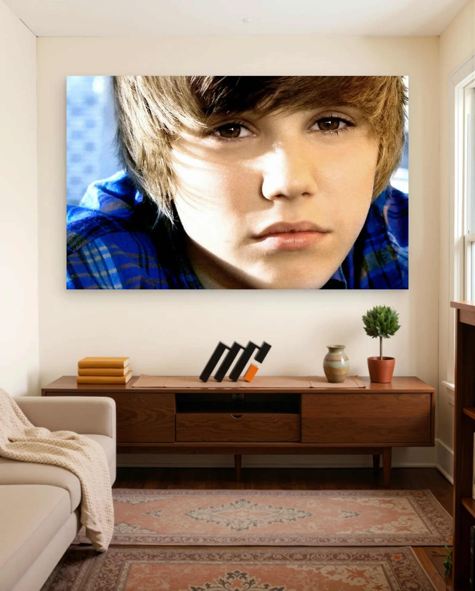 Justin Bieber — Blue Plaid Closeup — framed wall art poster by Memocult