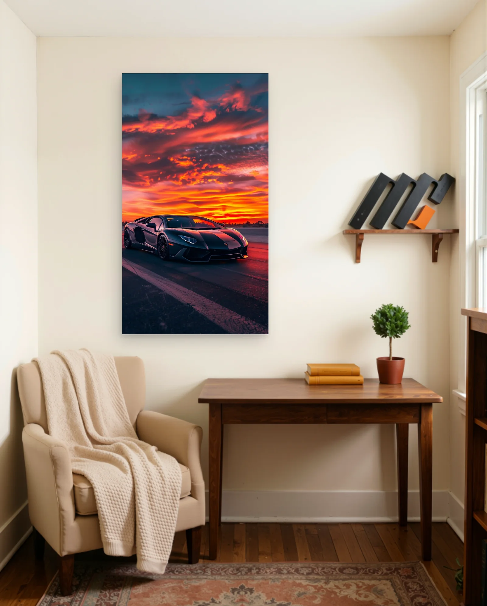 Black Lamborghini Aventador Sunset Poster — framed wall art poster by Memocult