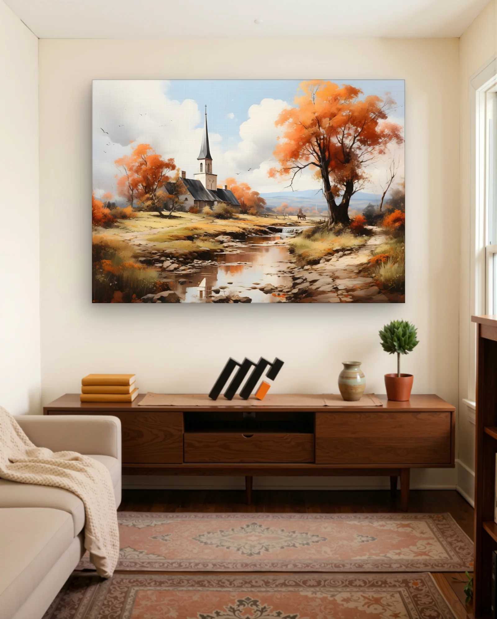 Autumn Chapel By Stream With Horseman Wall Art — Aesthetic Moods abstract & modern wall art poster