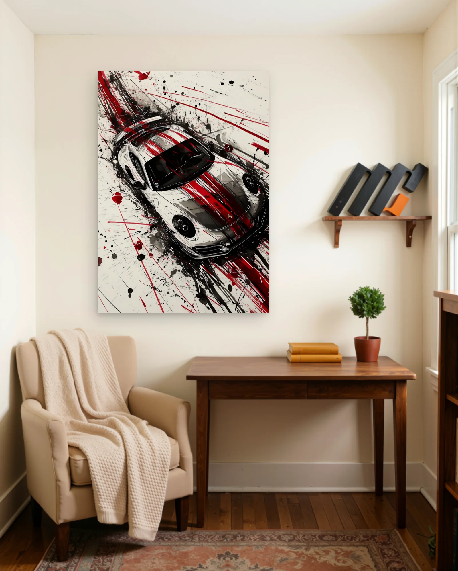 Porsche 911 Red Black Splatter Poster — framed wall art poster by Memocult