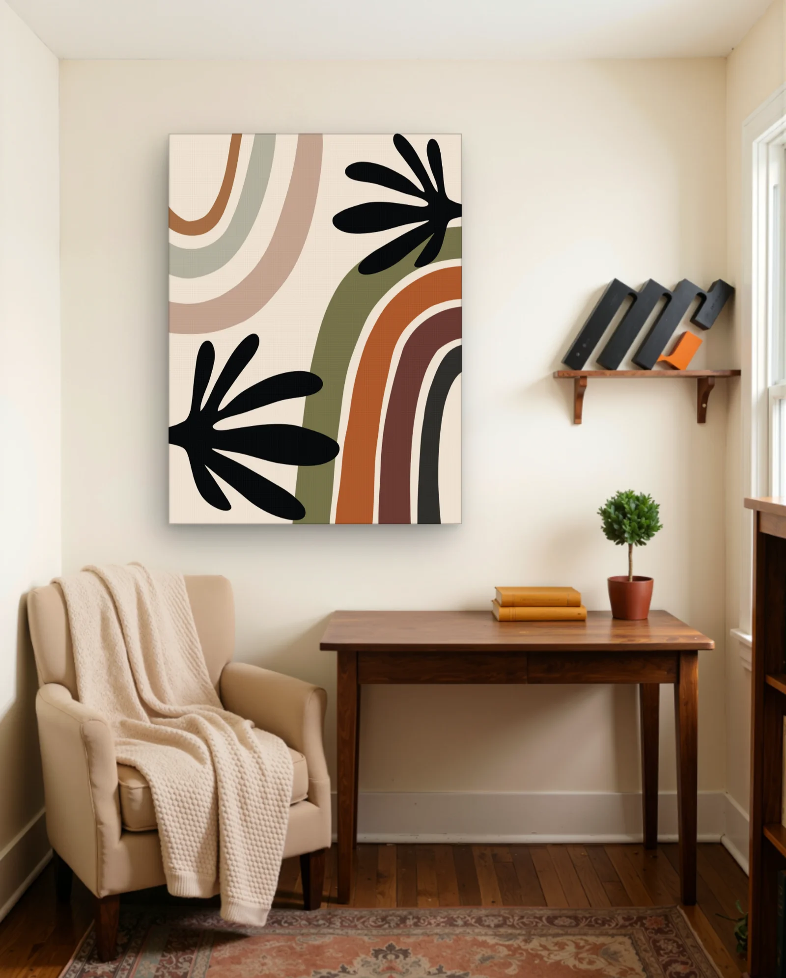 Earth Tone Arches And Black Petals Wall Art — framed wall art poster by Memocult