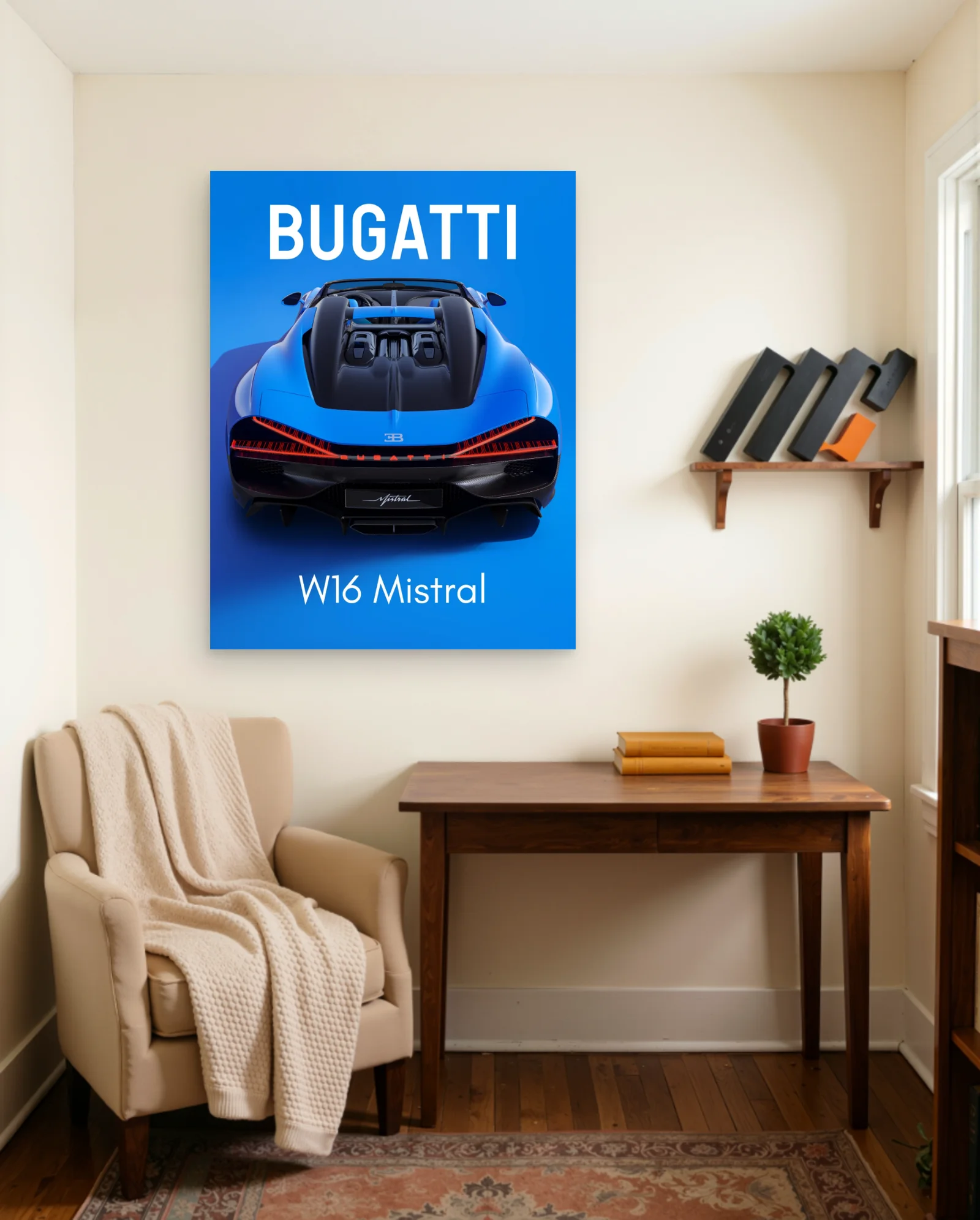 Bugatti W16 Mistral Blue Poster — framed wall art poster by Memocult