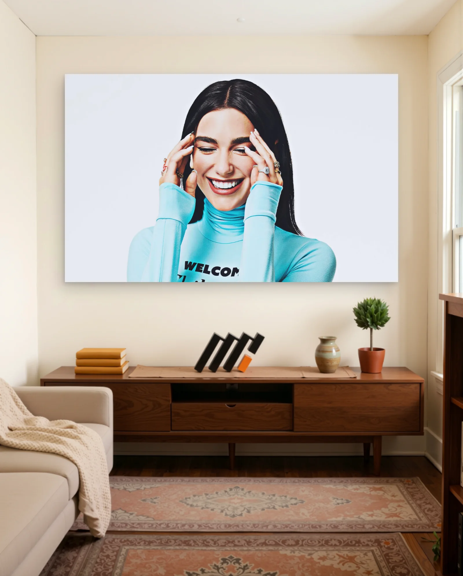 Dua Lipa Welcome Text Light Blue Top Poster — framed wall art poster by Memocult