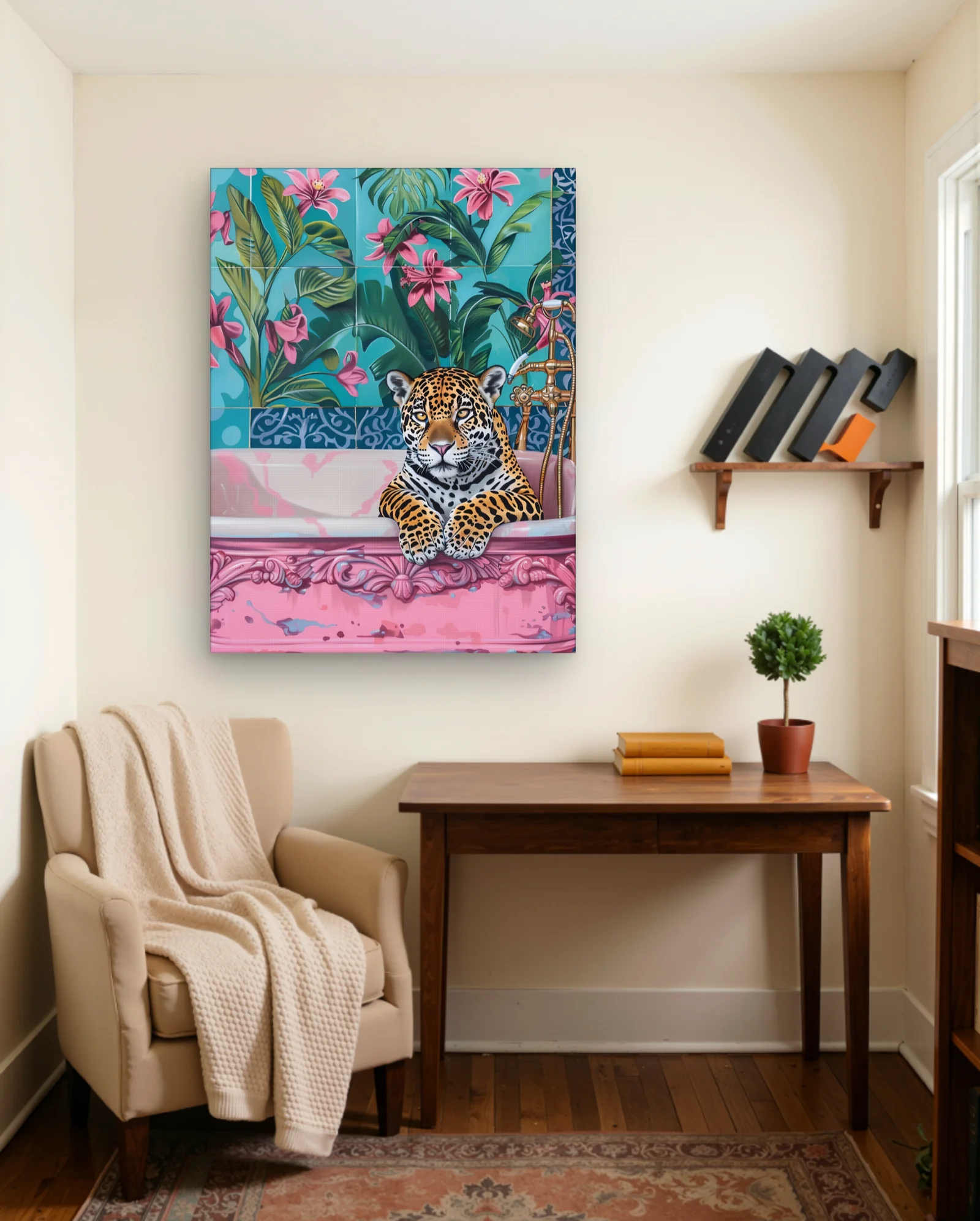 Jaguar In Pink Bathtub Tropical Wall Art — framed wall art poster by Memocult