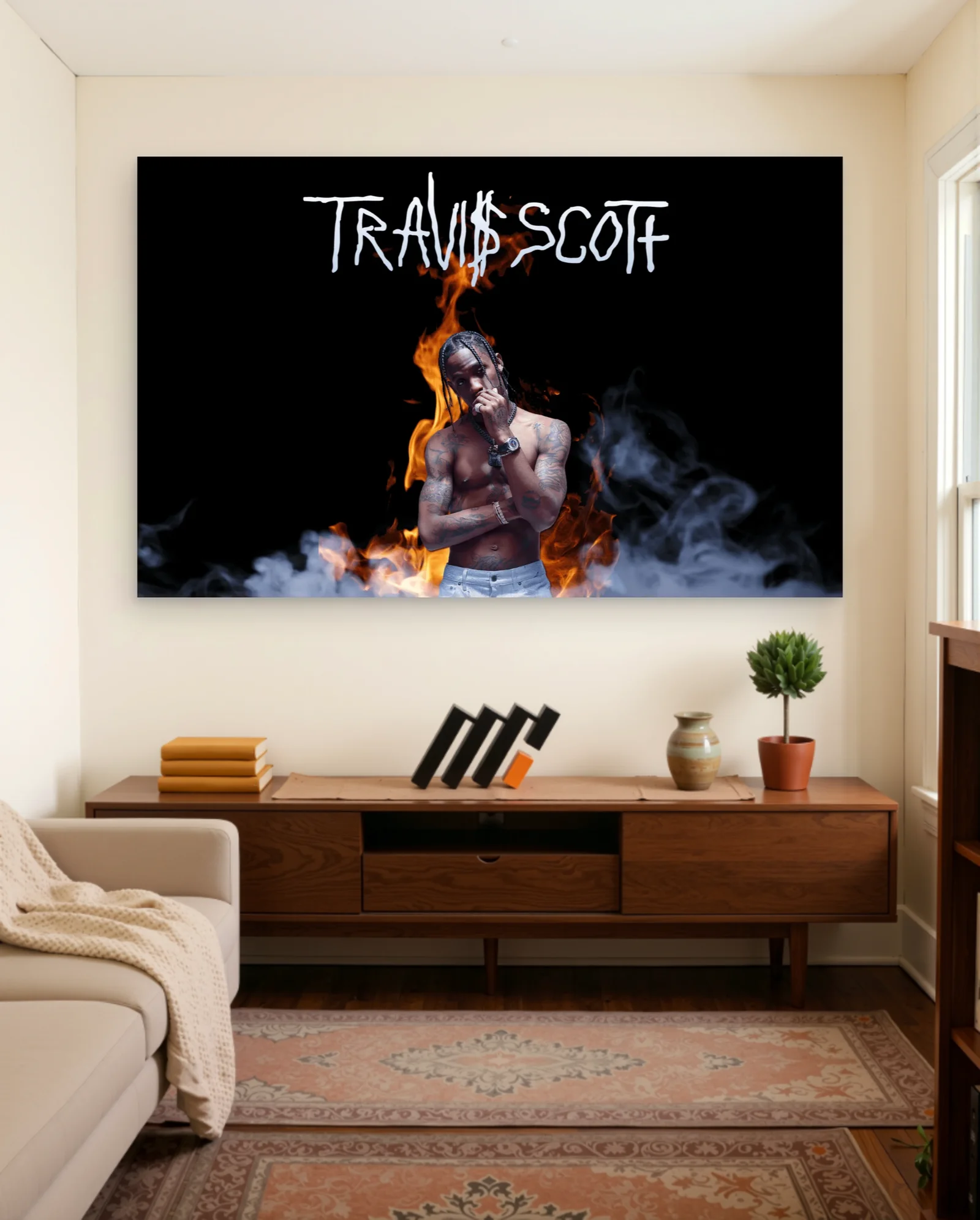 Travis Scott Fire Smoke Poster — framed wall art poster by Memocult