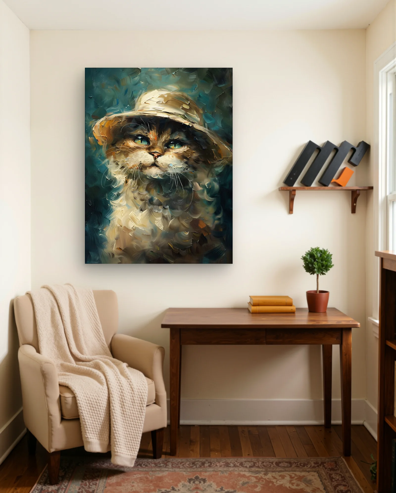 Cat With Green Eyes Straw Hat Wall Art — Abstract abstract & modern wall art poster