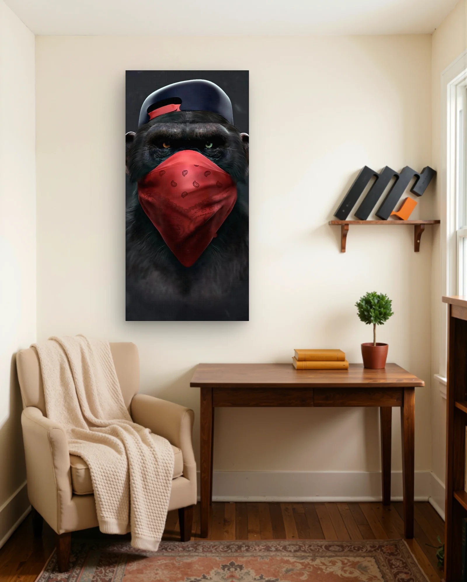 Chimp Red Bandana Two Colored Eyes Wall Art — framed wall art poster by Memocult