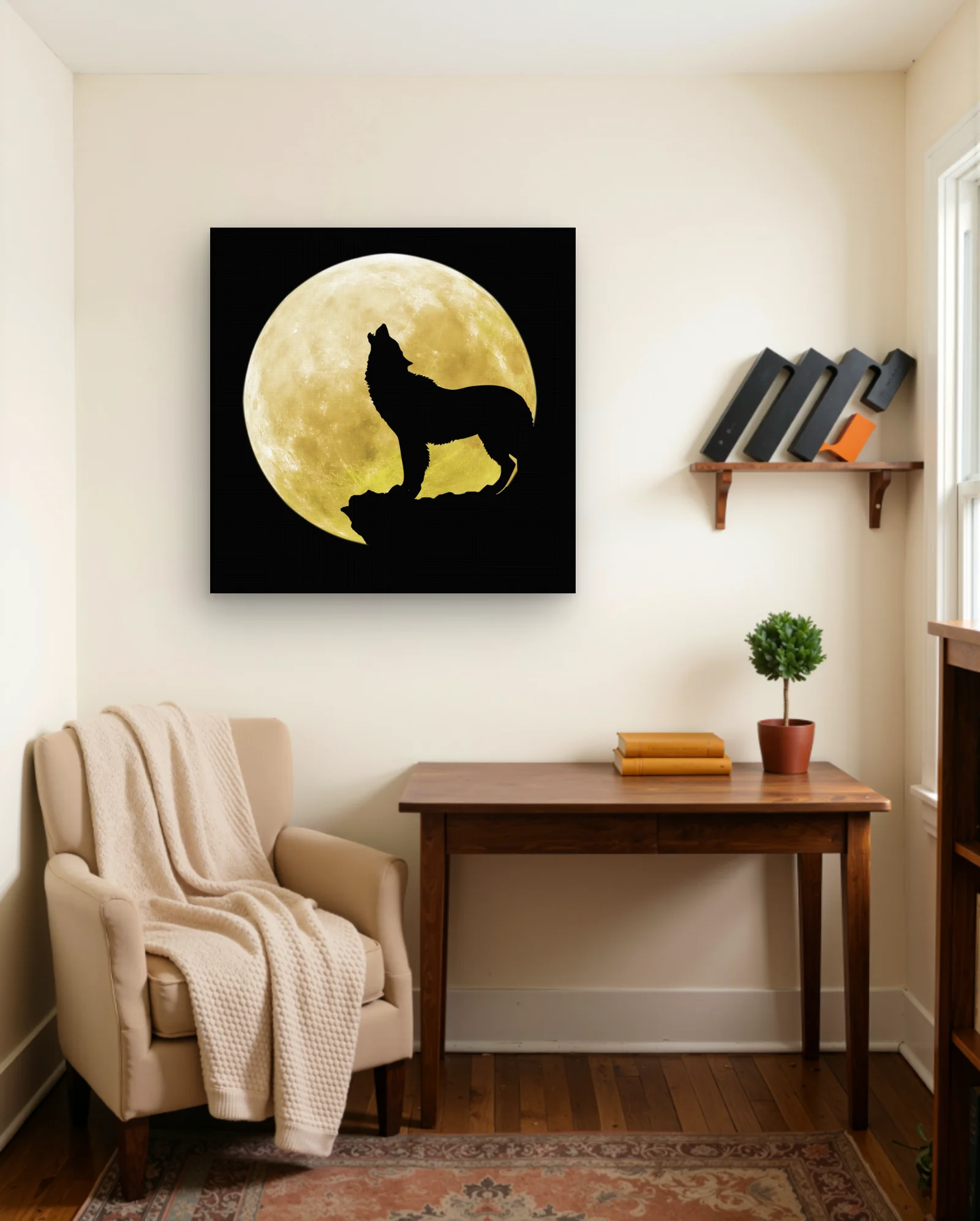 Wolf Howling Full Moon Silhouette Wall Art — framed wall art poster by Memocult