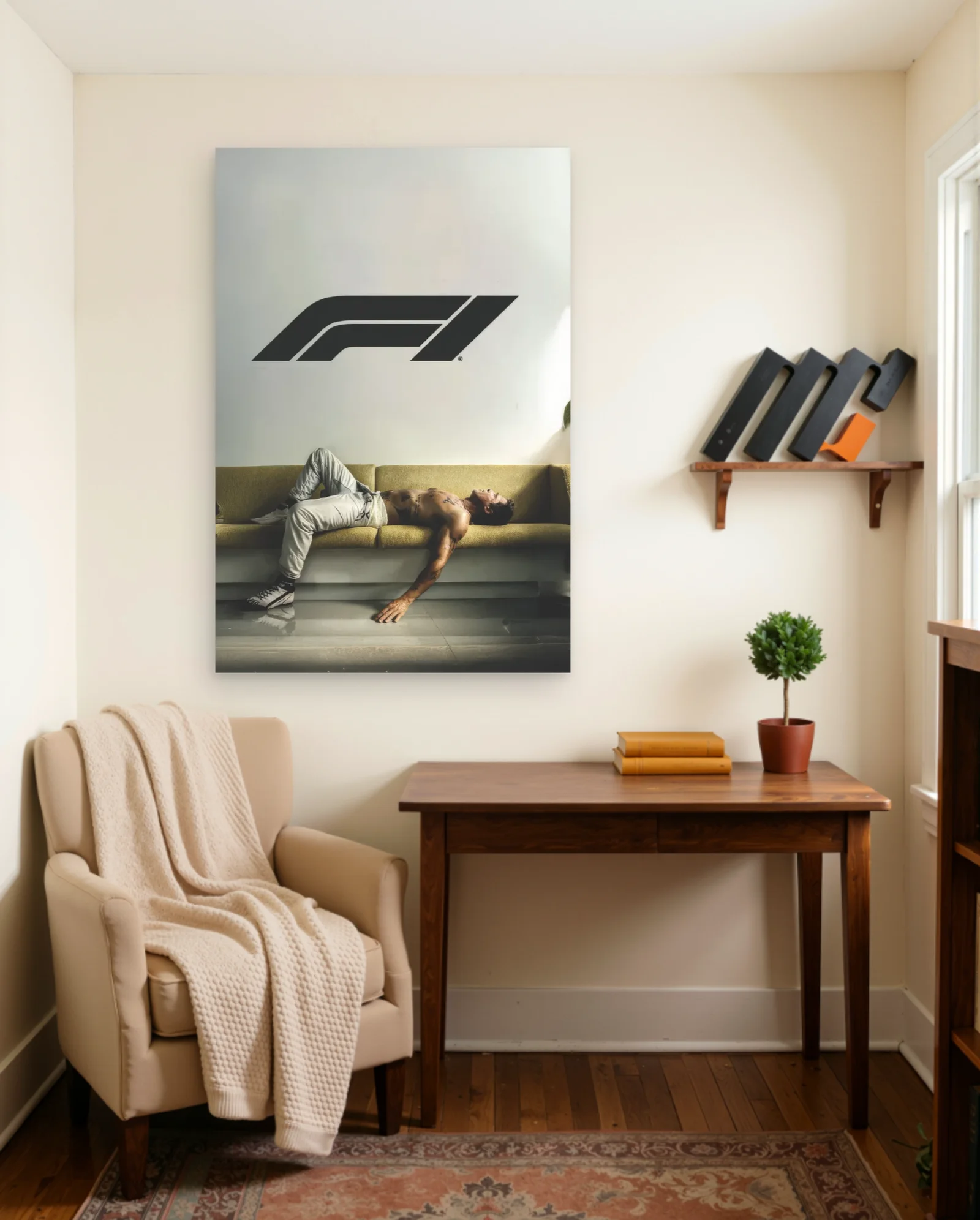 Formula 1 Logo Man On Couch Poster — framed wall art poster by Memocult