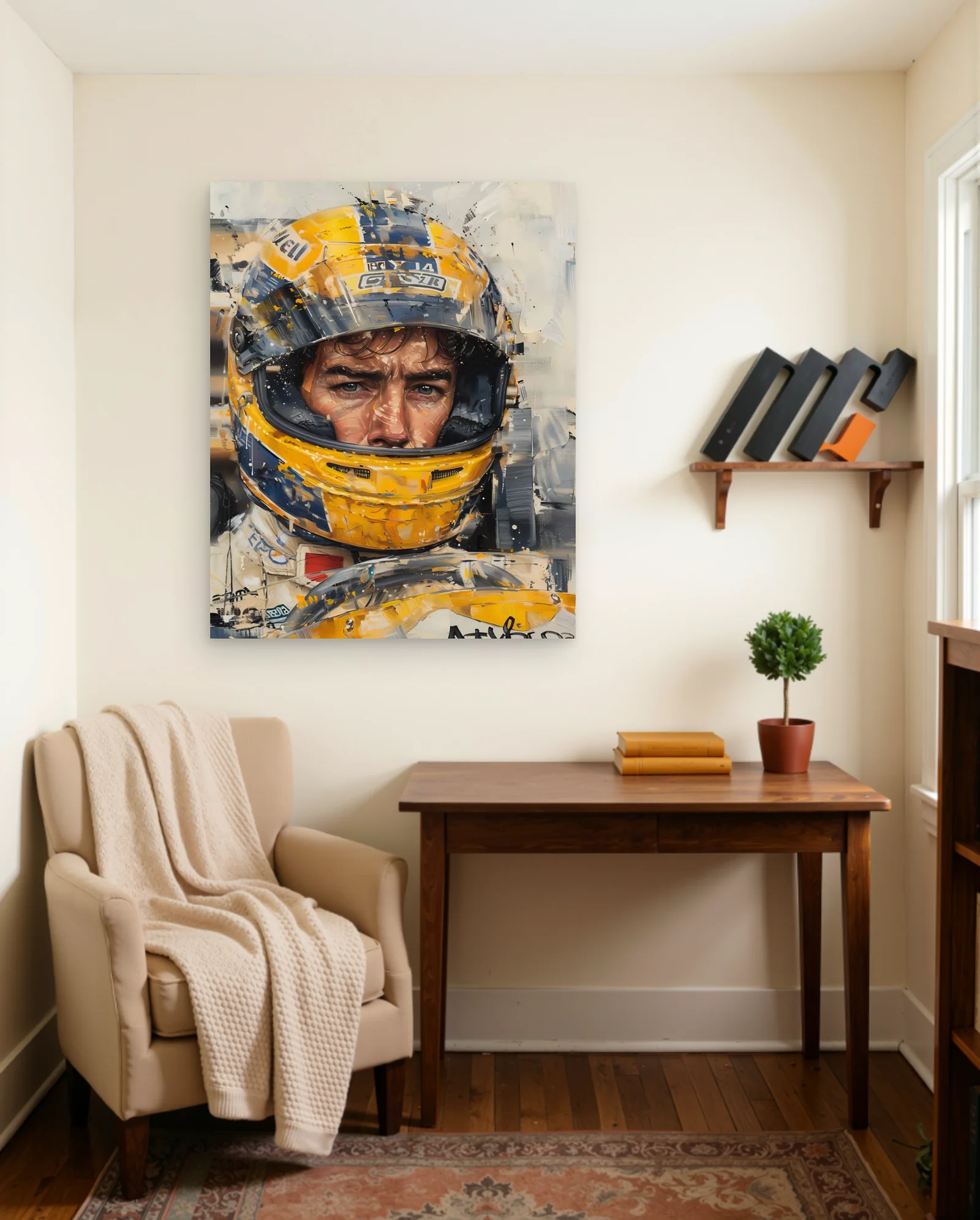 Ayrton Senna Helmet Portrait Poster — framed wall art poster by Memocult