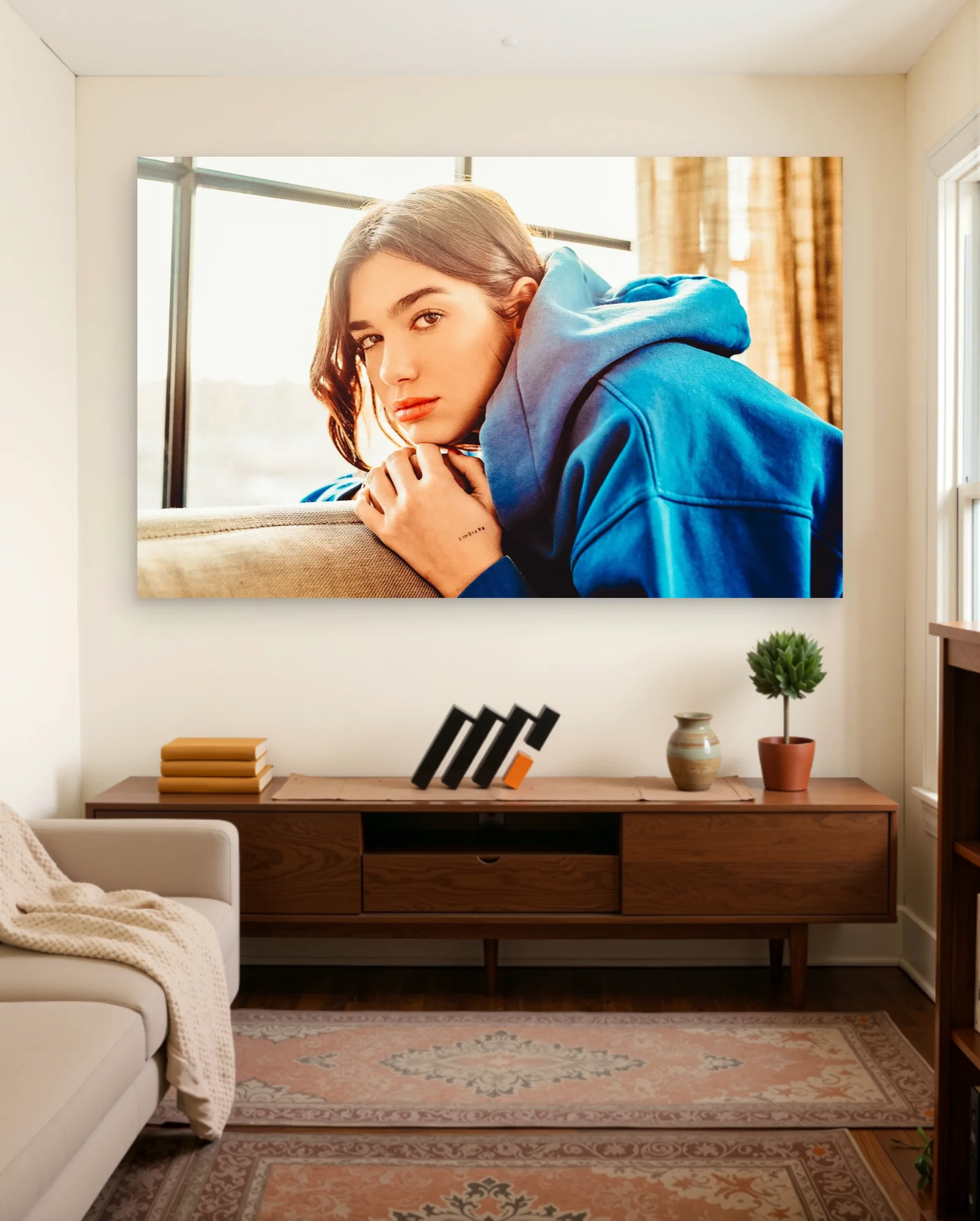 Dua Lipa Blue Hoodie Patience Tattoo Poster — framed wall art poster by Memocult