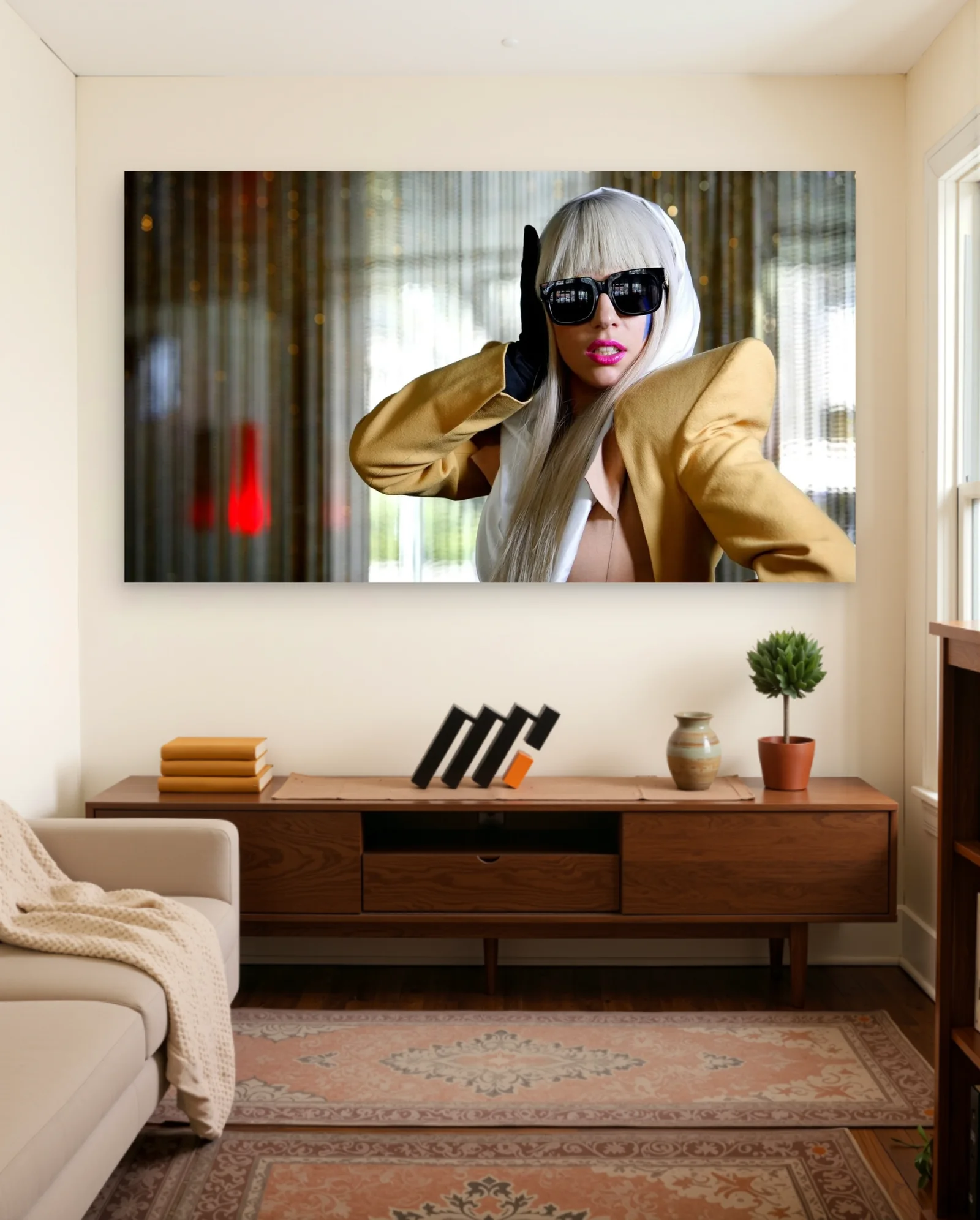 Lady Gaga Blonde Hair Sunglasses Poster — framed wall art poster by Memocult