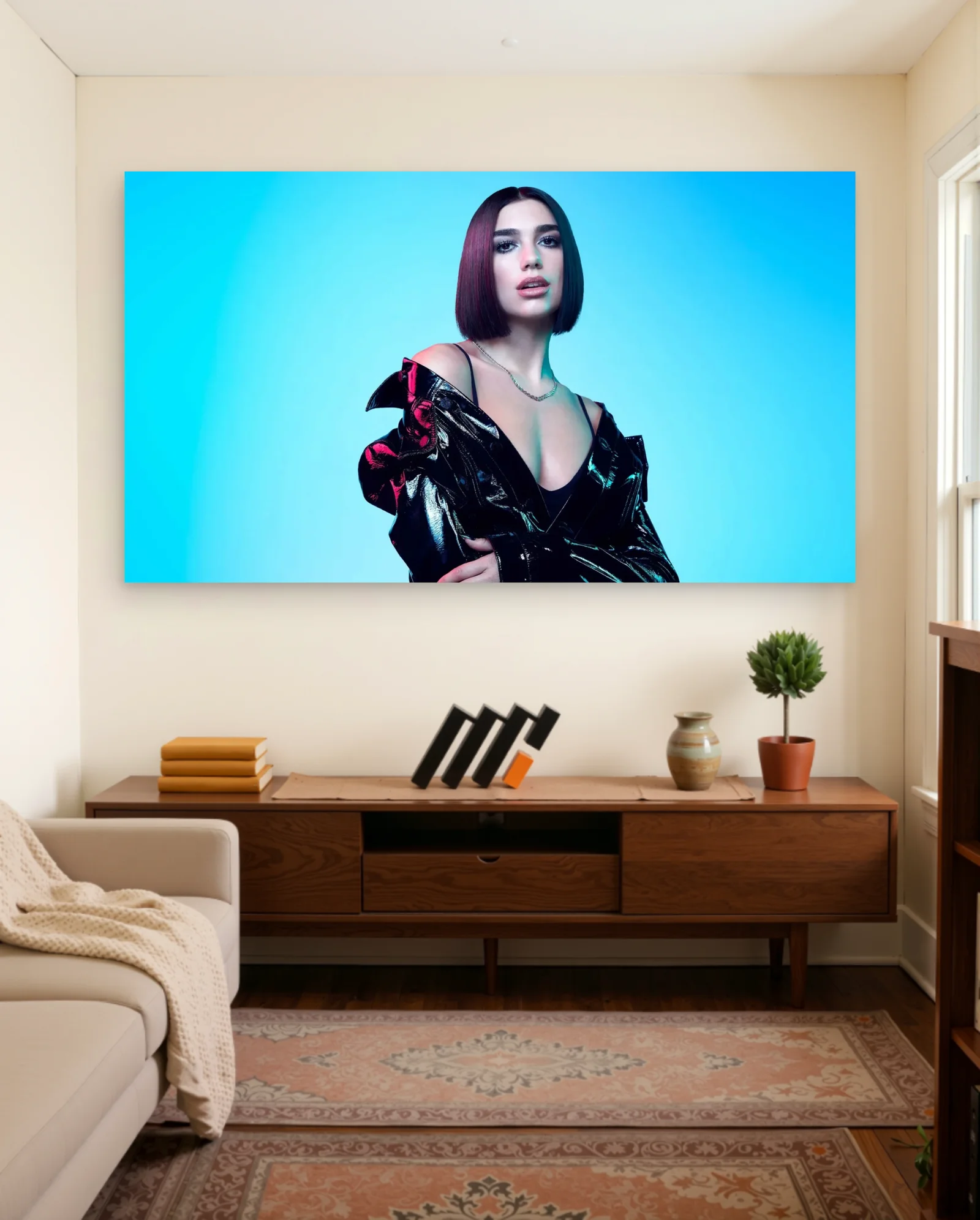Dua Lipa Shiny Jacket Blue Poster — framed wall art poster by Memocult