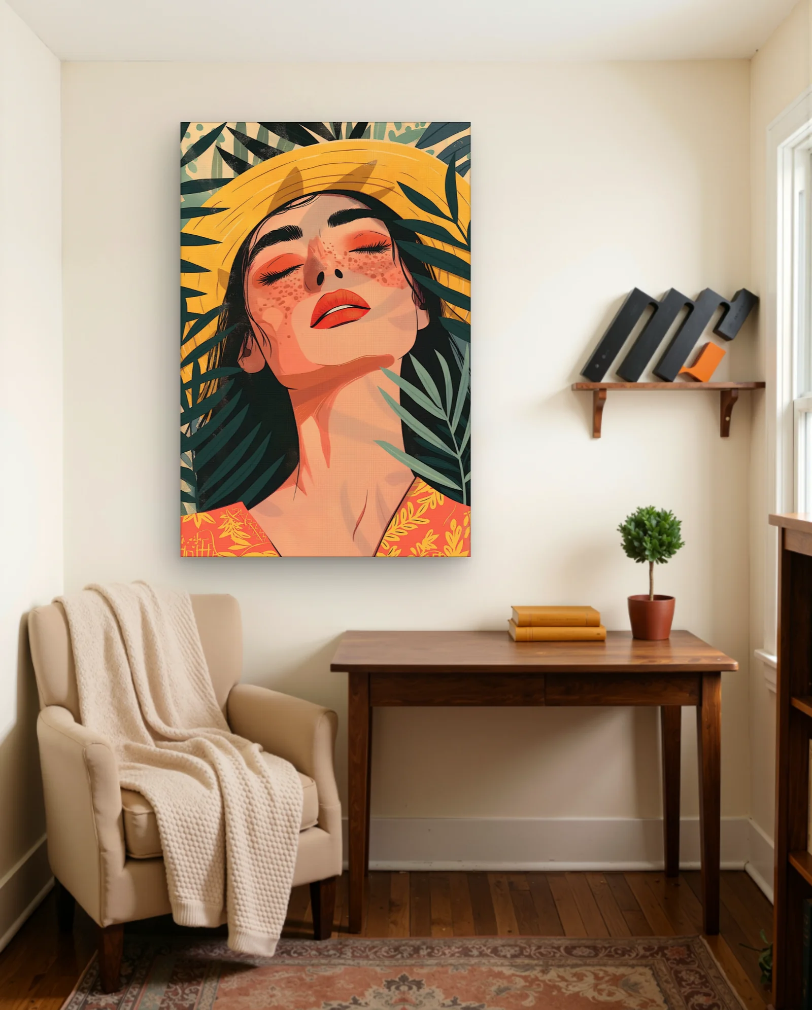 Freckled Woman In Sunhat With Leaves Wall Art — framed wall art poster by Memocult