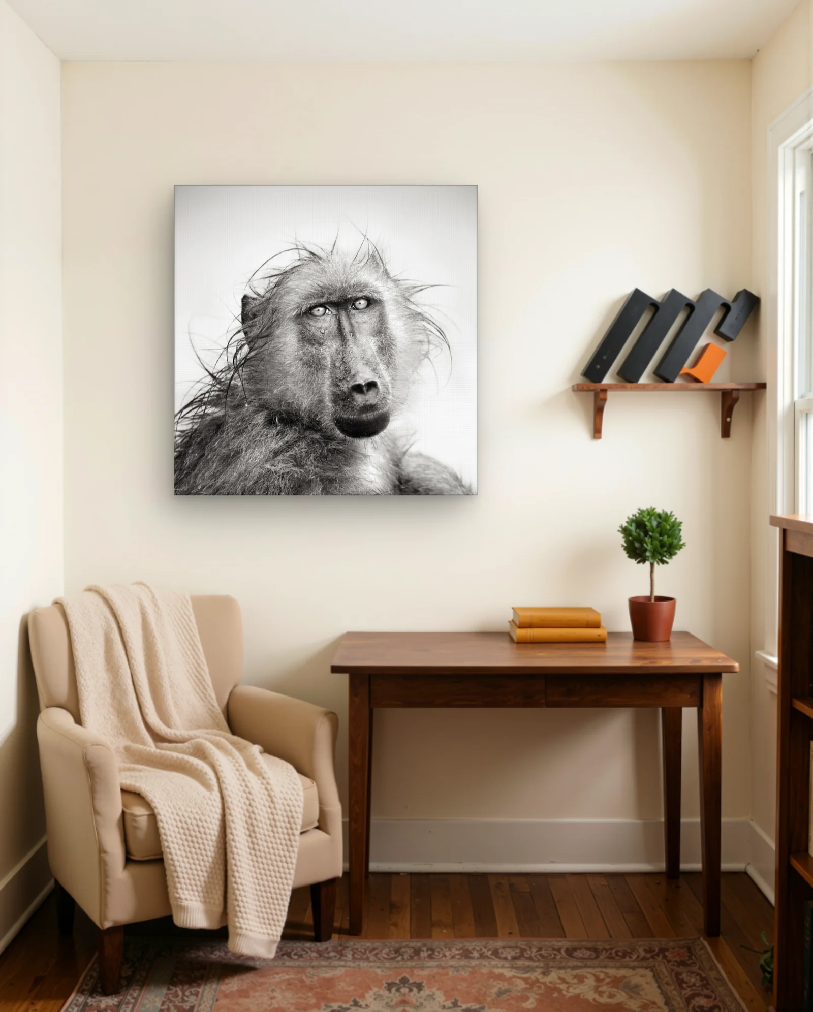 Olive Baboon Wet Fur Gaze Wall Art — framed wall art poster by Memocult