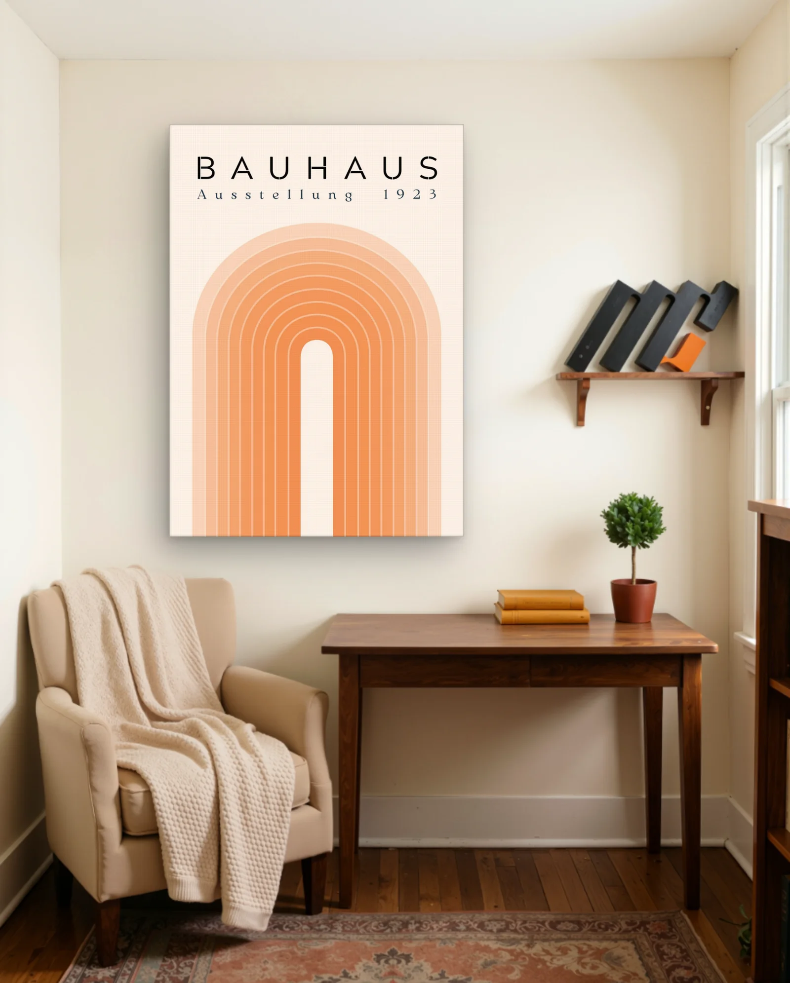 Bauhaus Ausstellung 1923 Orange Arch Wall Art — framed wall art poster by Memocult