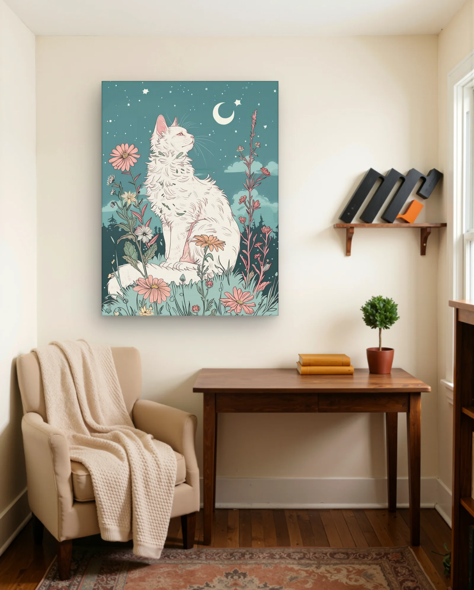 White Cat Moonlit Meadow Wall Art — framed wall art poster by Memocult