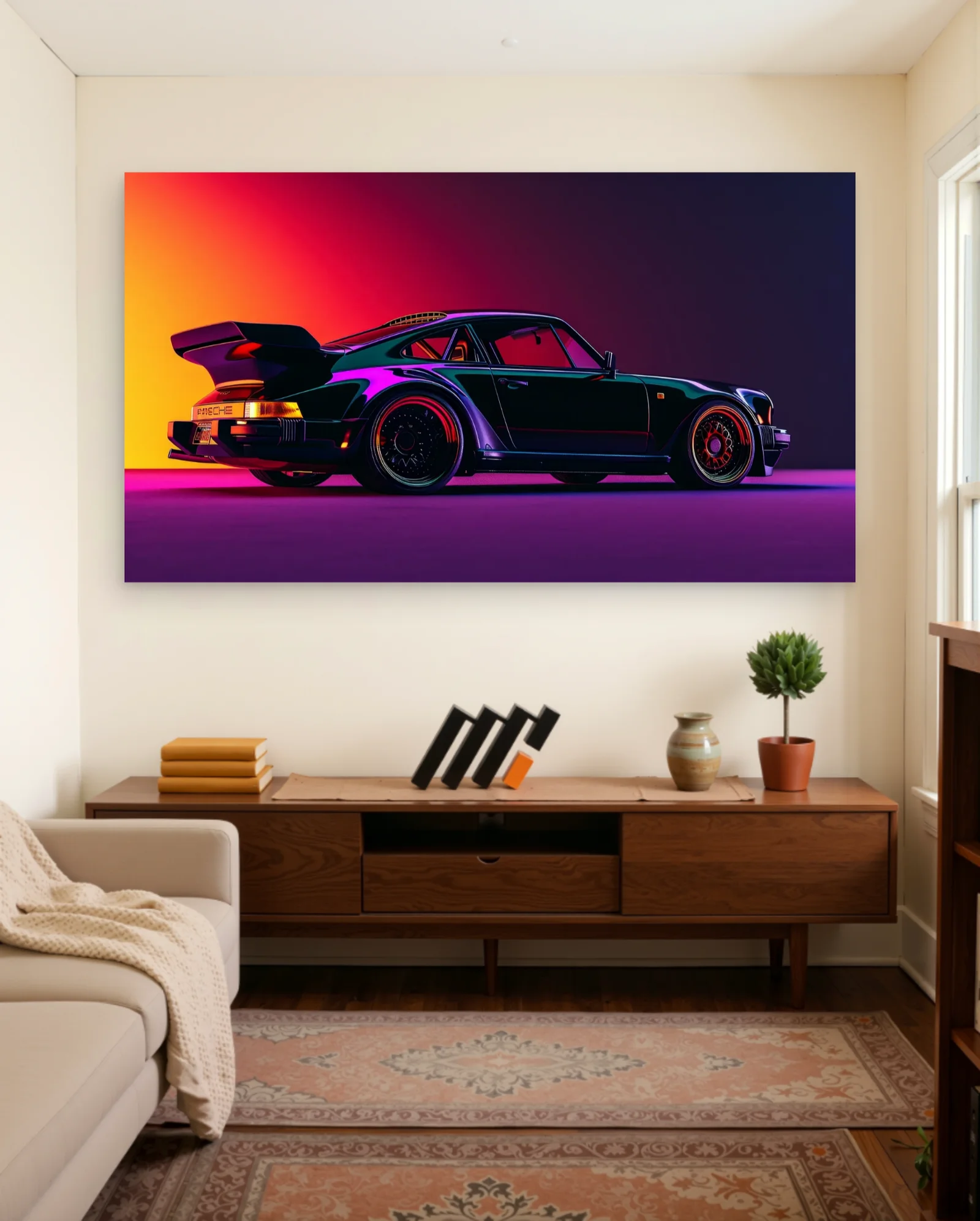 Porsche 911 Turbo Cyberpunk Neon Poster — framed wall art poster by Memocult