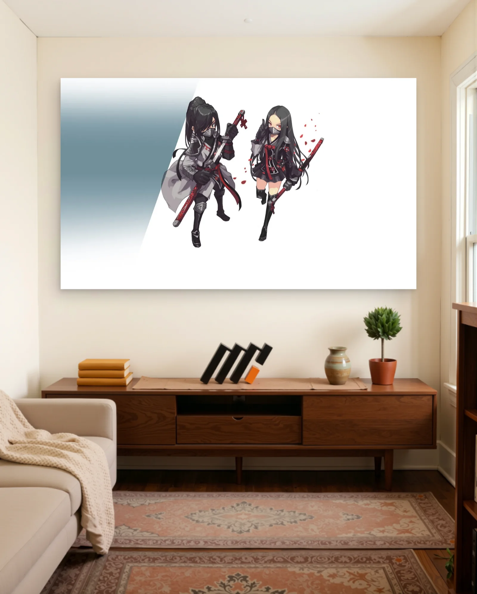 Dual Anime Ninjas Black Red Poster — framed wall art poster by Memocult