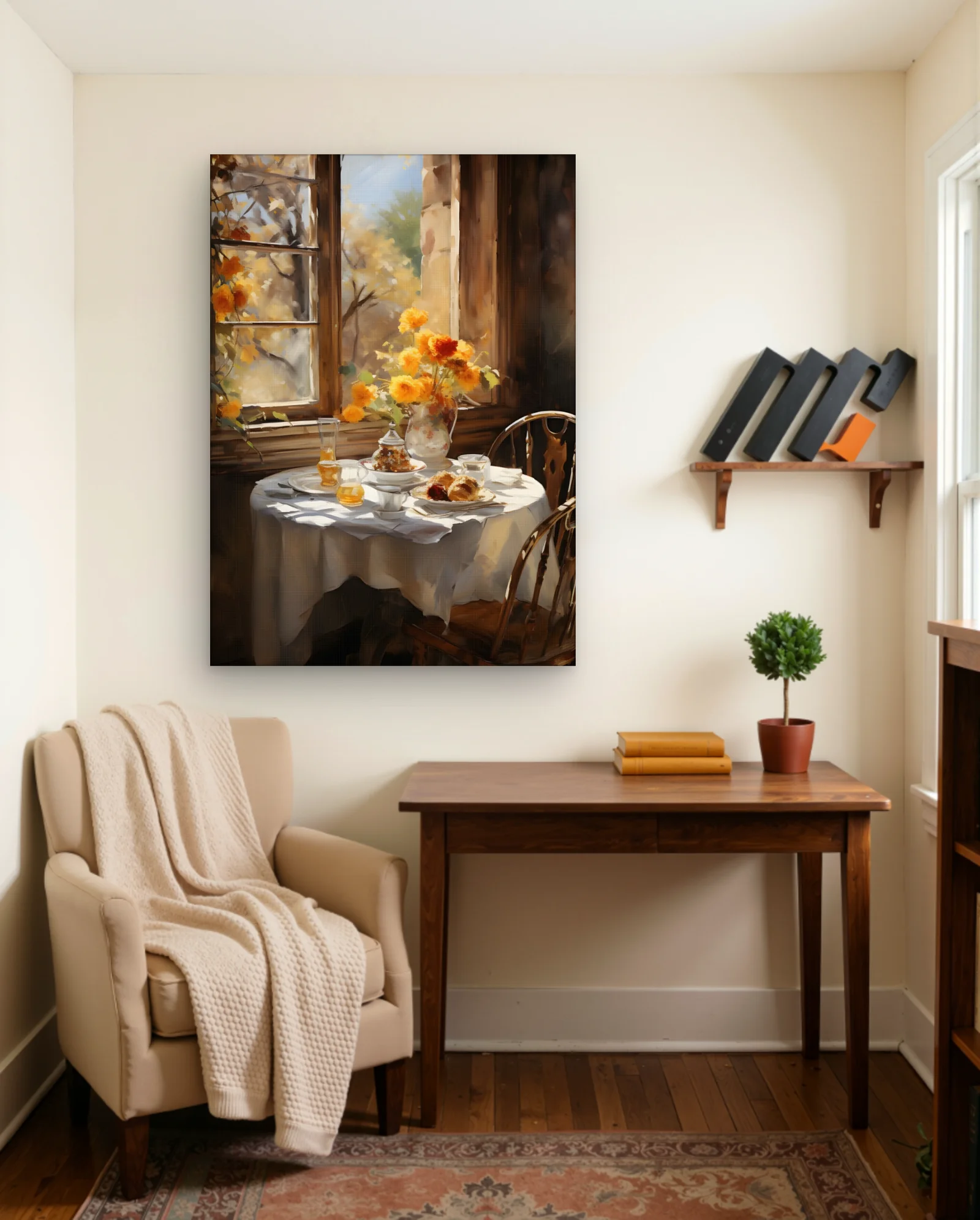 Autumn Breakfast Yellow Flowers Wall Art — framed wall art poster by Memocult