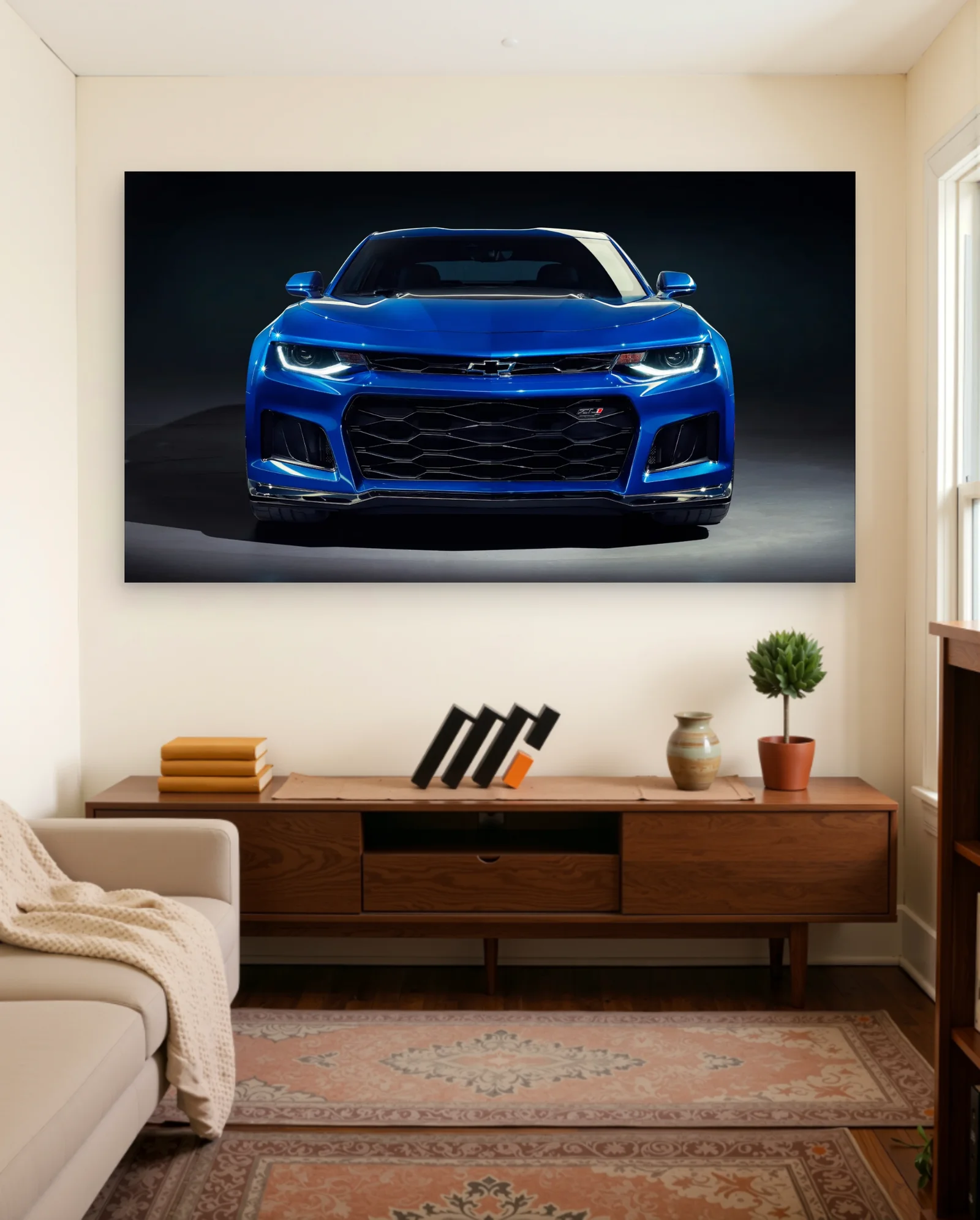 Blue Chevrolet Camaro ZL1 Poster — framed wall art poster by Memocult